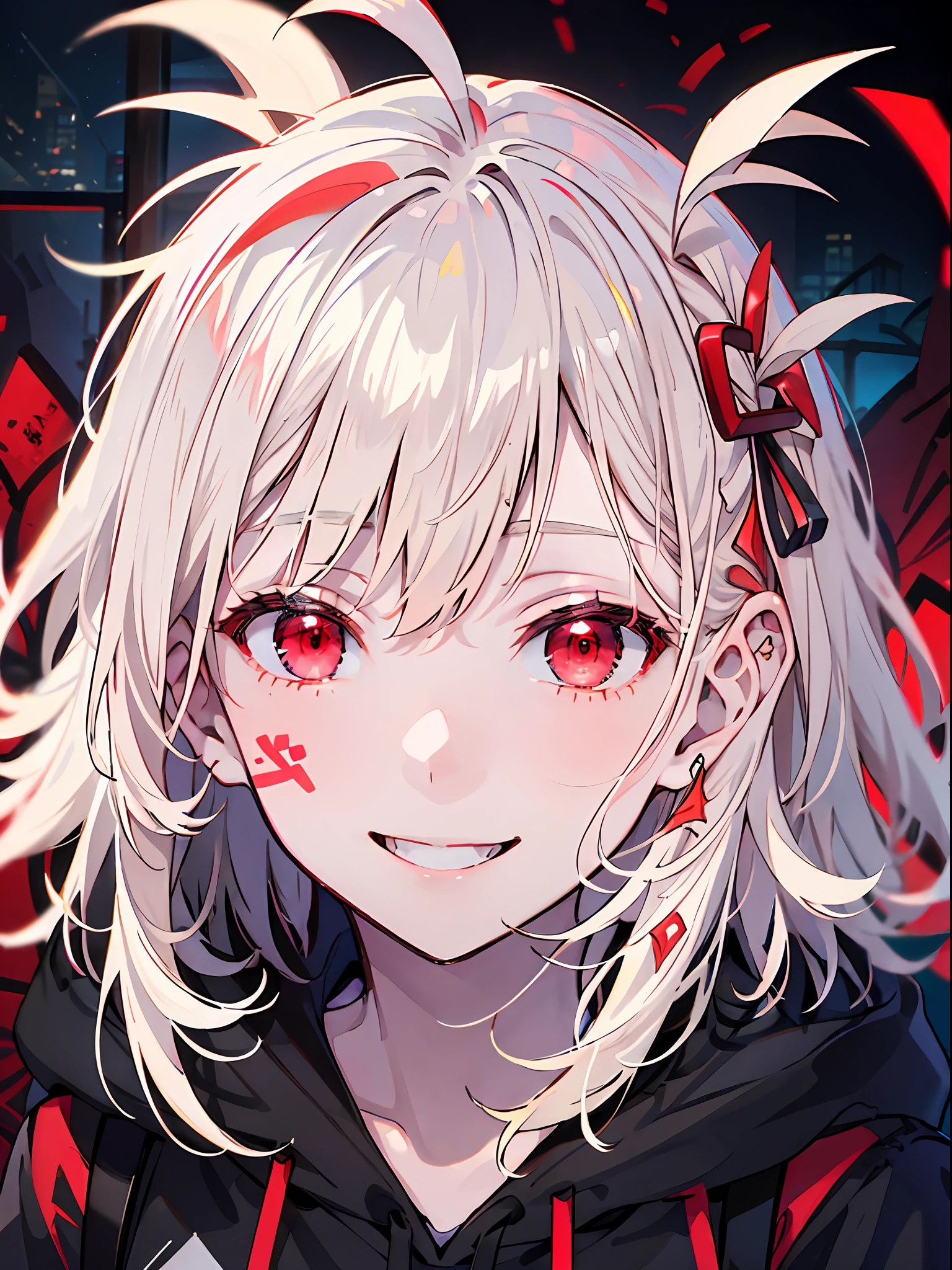 detailed background, masterpiece, best quality, smile, ornament, hoodie, portrait, red neon, graffiti, dark, night, glowing eyes, black light,platinum blonde,medium hair,red eyes