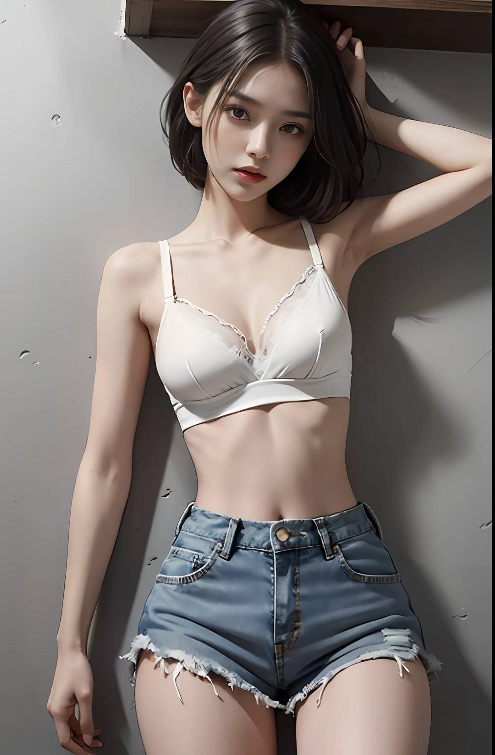 Girl in white bra and tight denim skirt posing for photo, full body, legs spread, with cut T-shirt, bra, slim body, smaller bust, slim girl model, 24-year-old female model, lying on the construction site, a group of black men onlooking