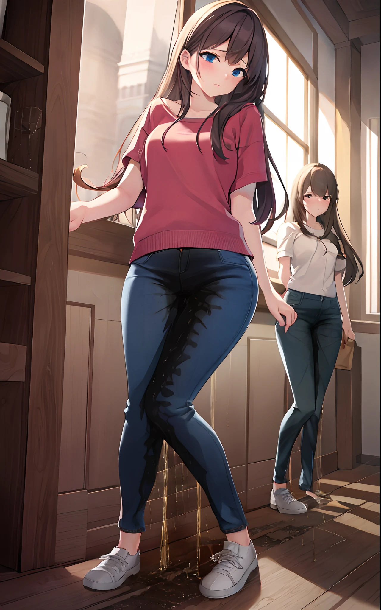 nsfw, masterpiece, best quality, high resolution, 3girls, (jeans pants), full body, (topless), (barefeet), blush, worried, open mouth, restroom, ((((((big pee stain))))))