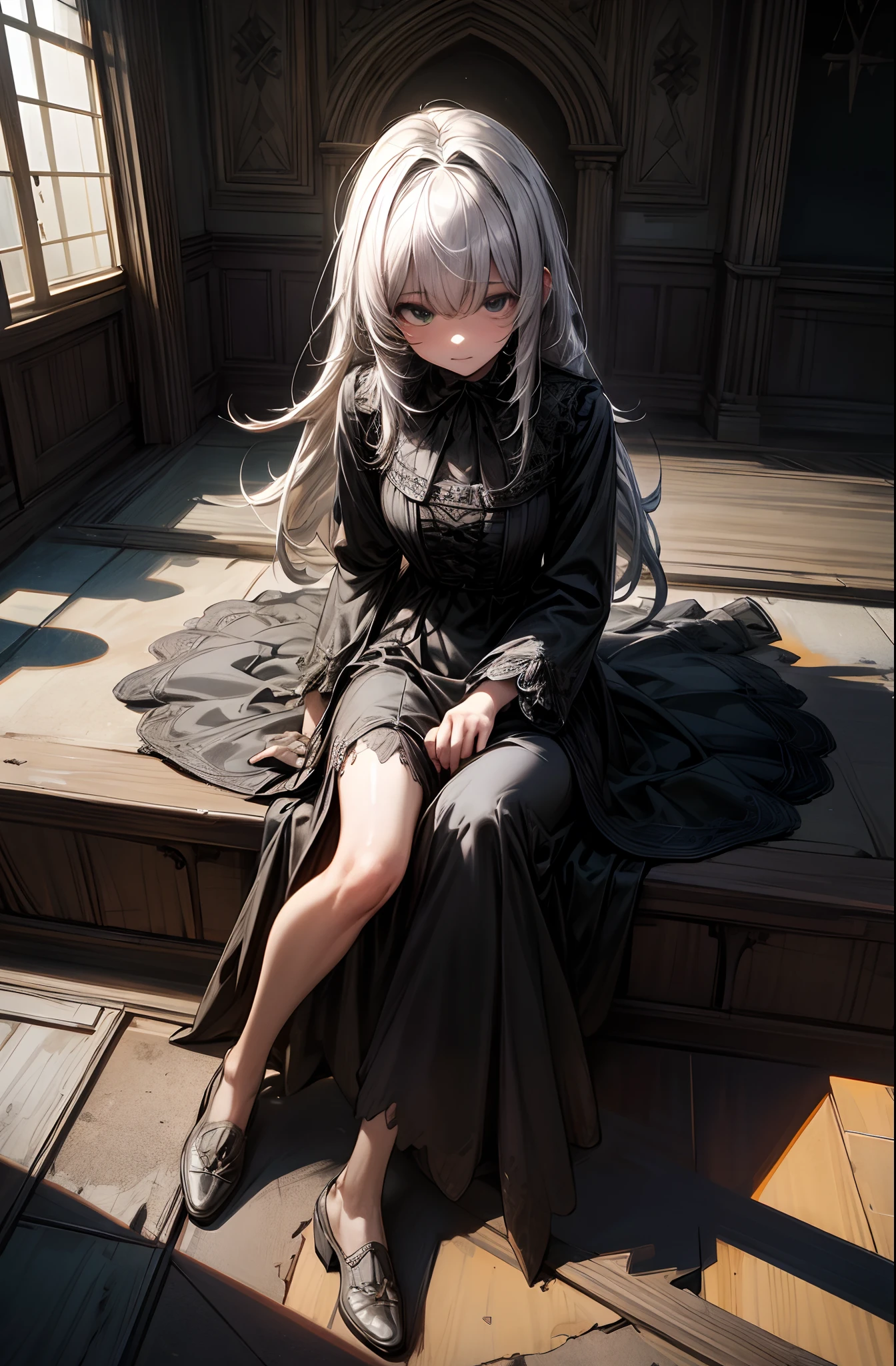 extremely detailed wallpaper, Super detailed details, detailed shadow, very precise detailed, extremely detailed 8K wallpaper, very fine 8KCG wallpapers,An old abandoned church. A girl sitting down. Her black long dress is torn and stained in places. Her white dull hair is long and shaggy. Light is coming through a cracked stained glass window.extremely detailed wallpaper, Super detailed details, detailed shadow, very precise detailed, extremely detailed 8K wallpaper, very fine 8KCG wallpapers