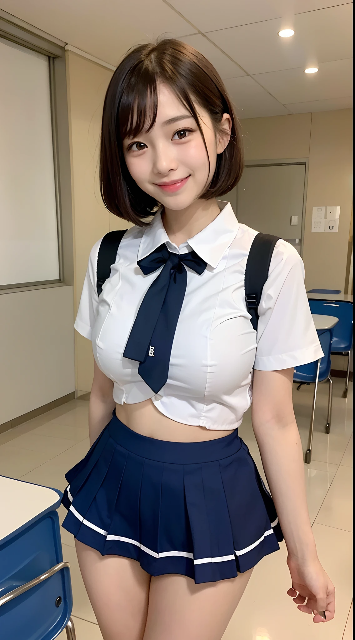 1 girl、japanes、Beautiful teenage girl、Watching the view、Schools、Homeroom(Homeroom:1.5)、a mini skirt、A smile(A smile:1.5)、breasts are large、beautiful finely detailed eyes、during daytime、bob cuts(bob cuts:1.4)、Kawaii School Uniforms(Kawaii School Uniforms:1.5)、de pele branca、(8K、top-quality、​masterpiece:1.2)、(realisitic、Photorealsitic:1.37)、ultra-detailliert、The navel is slightly visible(The navel is slightly visible:1.1)、Panties are slightly visible