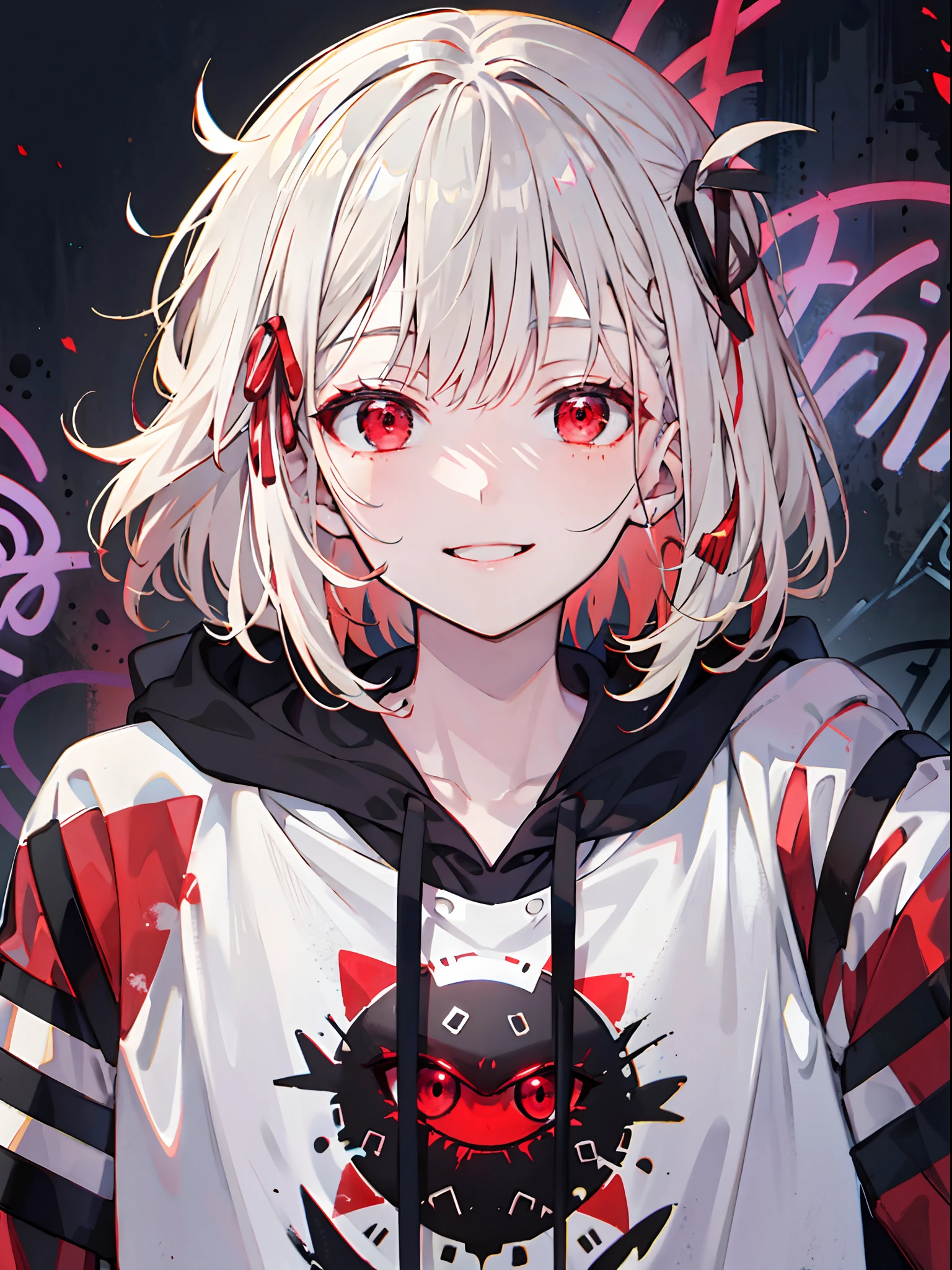 detailed background, masterpiece, best quality, smile, ornament, hoodie, portrait, red neon, graffiti, dark, night, glowing eyes, black light,platinum blonde,medium hair,red eyes