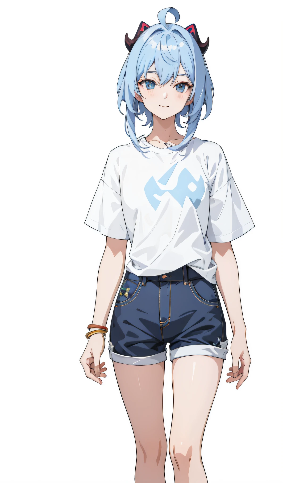 a woman in a white shirt and blue shorts standing with her hands in her pockets, girl with long white hair, 2 d anime style, anime girl with long hair, wearing casual clothes, style anime, full body portrait of a short!, mikudayo, anime land of the lustrous, high quality anime artstyle, horn, long hair at the back, smile