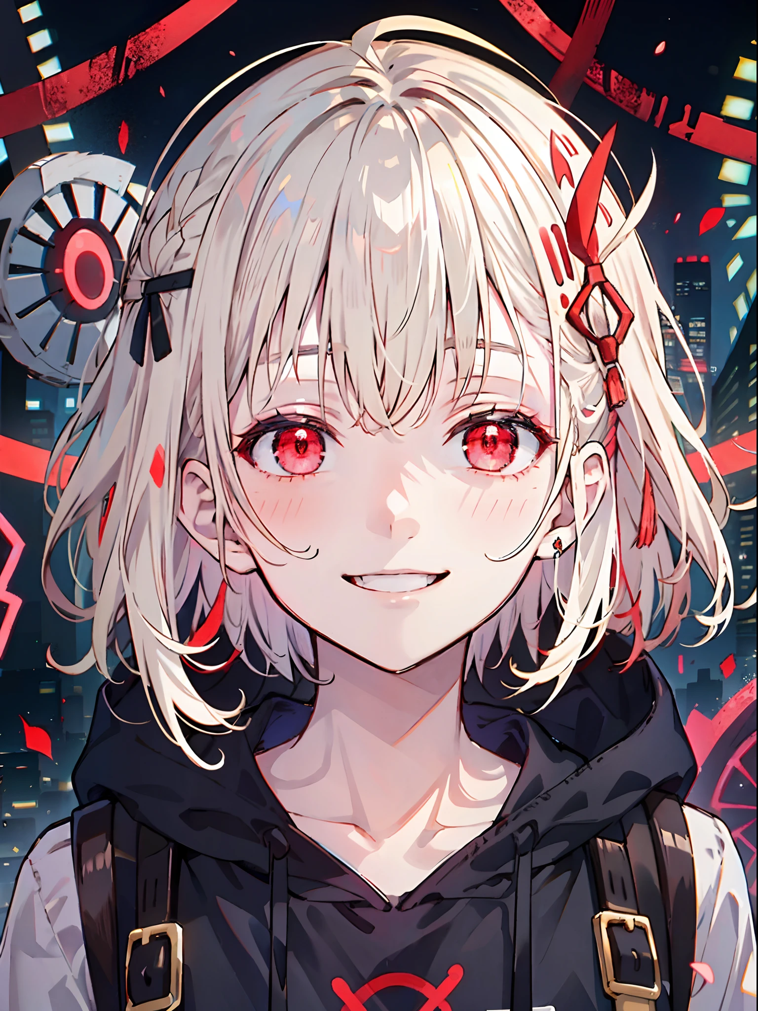 detailed background, masterpiece, best quality, smile, ornament, hoodie, portrait, red neon, graffiti, dark, night, glowing eyes, black light,platinum blonde,medium hair,red eyes