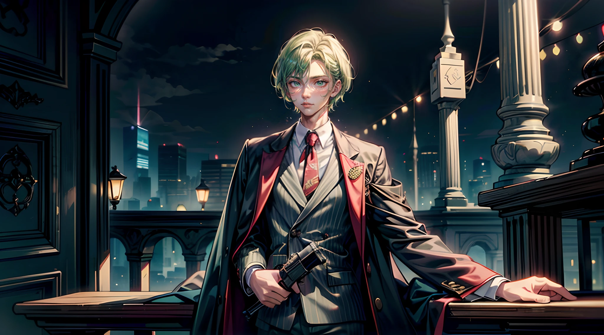 ((masutepiece: 1.4, Best Quality)), ((masutepiece, Best Quality)), Short green hair and big eyes, 19-year-old young man, Delicate hair, real  face, Suit, Gun with arm extension, Dark atmosphere