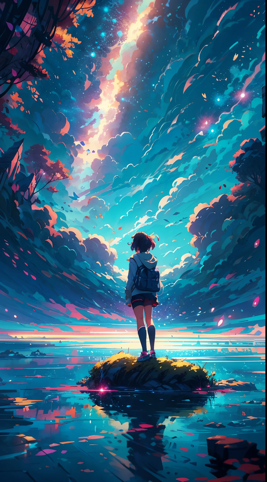 anime girl standing on a rock looking at a star filled sky, makoto shinkai cyril rolando, anime art wallpaper 4k, anime art wallpaper 4 k, anime art wallpaper 8 k, cosmic skies. by makoto shinkai, inspired by Cyril Rolando, in the style dan mumford artwork, amazing wallpaper, by Yuumei