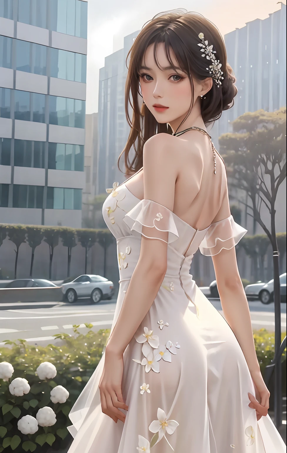 Masterpiece level,high qulity,clear photo,An elegant woman,Standing on a stone in the garden,The face is delicate,Clavicle chain,Wearing a long floral dress,Cotton lining,Attractive posing,posterior view,Sexy buttocks,The background is blurred out,depth of fields,Central symmetry,56mm,F2