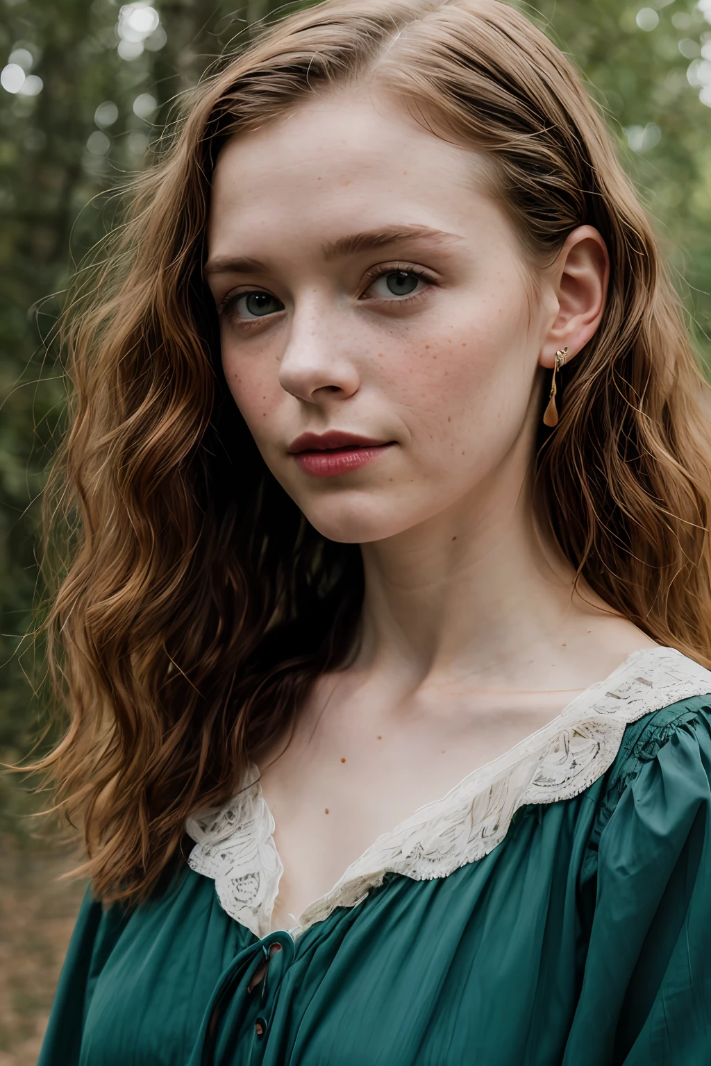 RAW Photo, close up portrait, BREAK
Sophia Lillis with curly hair, BREAK
Medieval, (Scottish, young woman, Sophia Lillis, standing outside), BREAK
thin, wearing emerald green colored clothes, long medieval dress, Turmeric colored, curly Copper hair, freckles, BREAK 
folklore, traditional maid dress, green colored, BREAK
photorealistic, soft lighting, vibrant colors:1.8, 105mm professional photography, (vintage style:0.25), (high detailed skin:1.2), 8k uhd, dslr, soft lighting, high quality, film grain, Fujifilm XT3