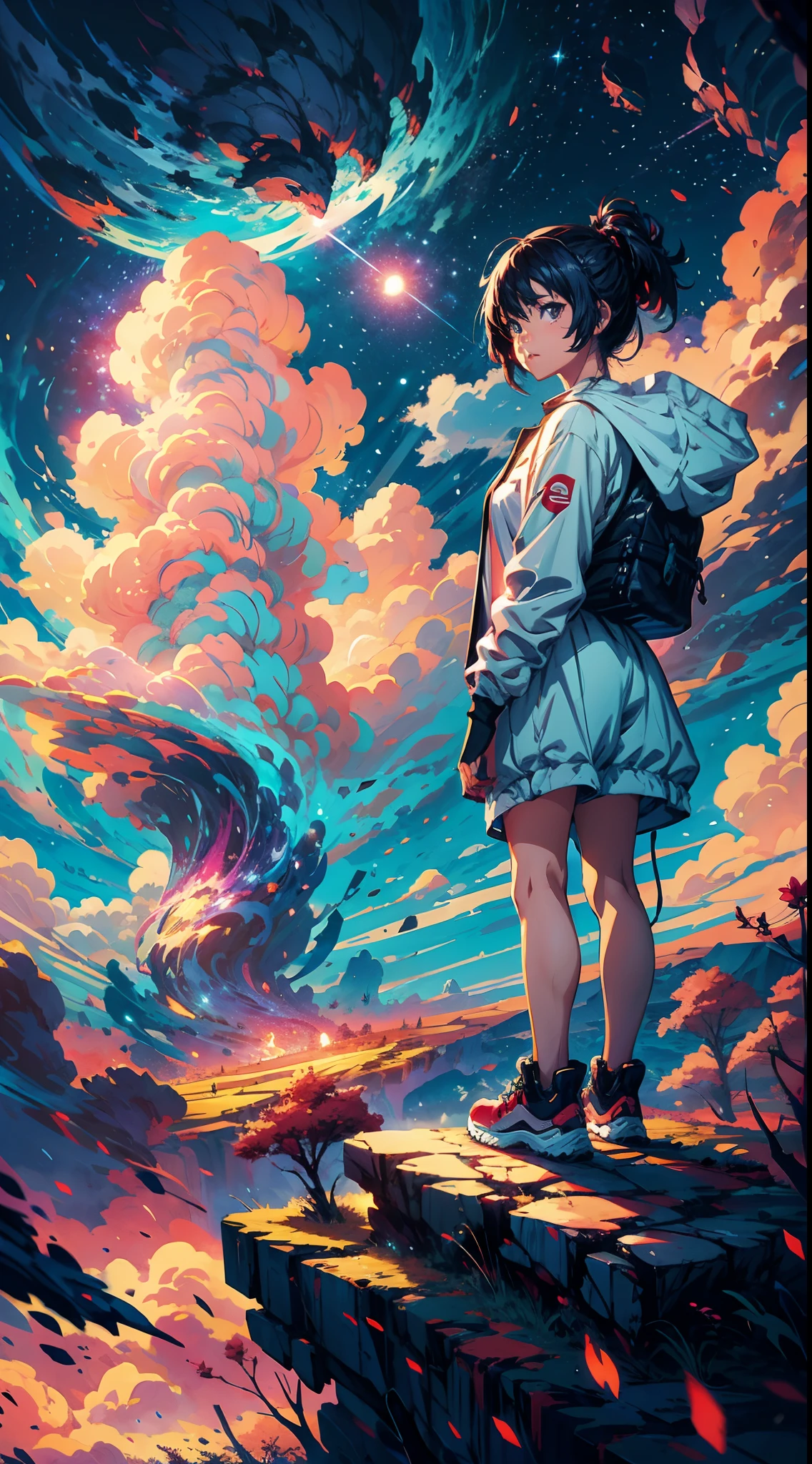 anime girl standing on a rock looking at a star filled sky, makoto shinkai cyril rolando, anime art wallpaper 4k, anime art wallpaper 4 k, anime art wallpaper 8 k, cosmic skies. by makoto shinkai, inspired by Cyril Rolando, in the style dan mumford artwork, amazing wallpaper, by Yuumei