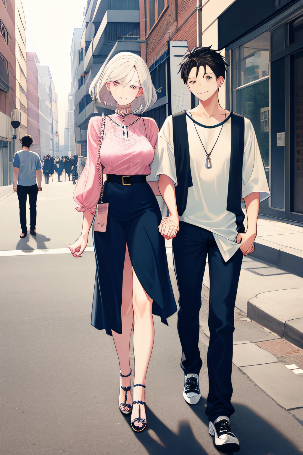 masterpiece, best quality, 2others, couple, 1man with 1woman, mature, adult, Height difference, different fashion, different color, finely detailed eyes and detailed face, intricate details, casual clothes, oversized shirt, modern urban street, holding hands, smile, happy, love