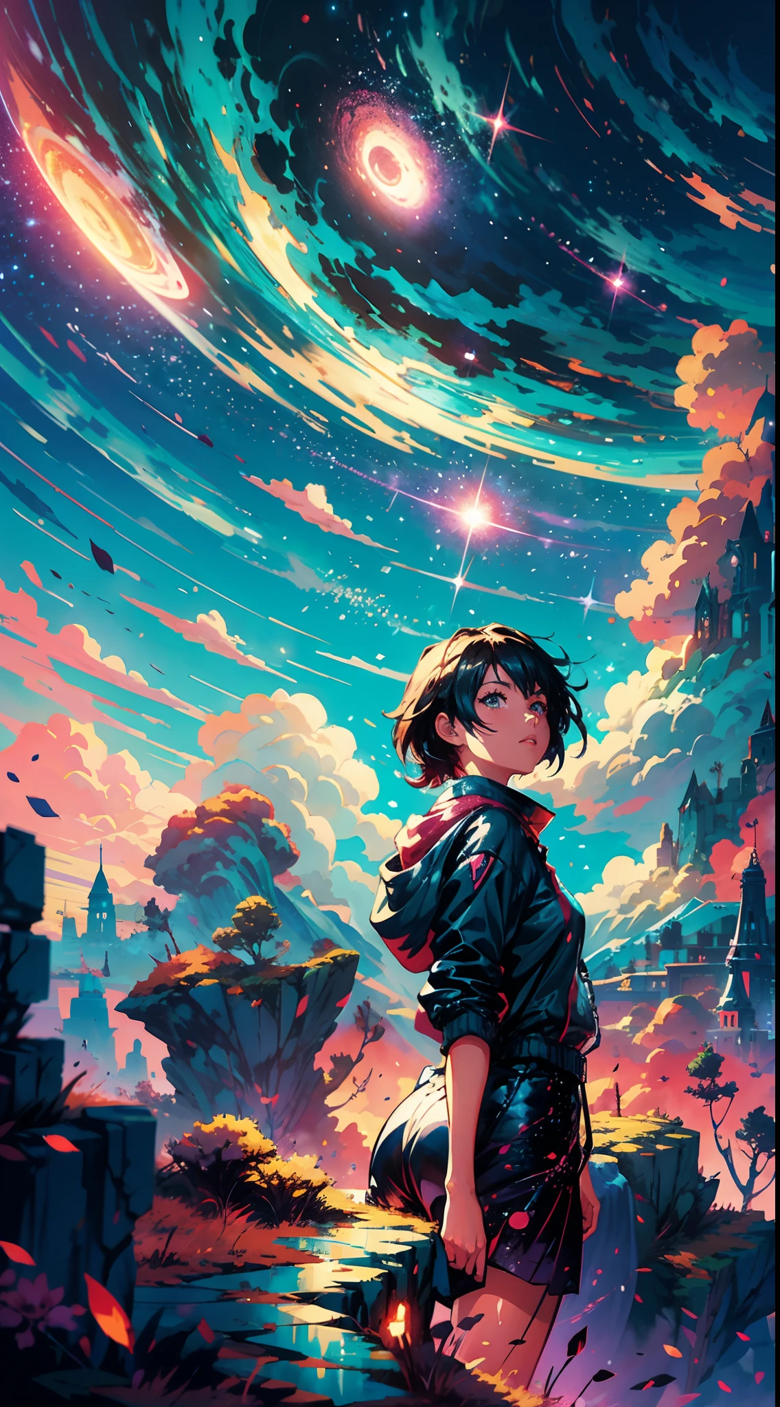 anime girl standing on a rock looking at a star filled sky, makoto shinkai cyril rolando, anime art wallpaper 4k, anime art wallpaper 4 k, anime art wallpaper 8 k, cosmic skies. by makoto shinkai, inspired by Cyril Rolando, in the style dan mumford artwork, amazing wallpaper, by Yuumei
