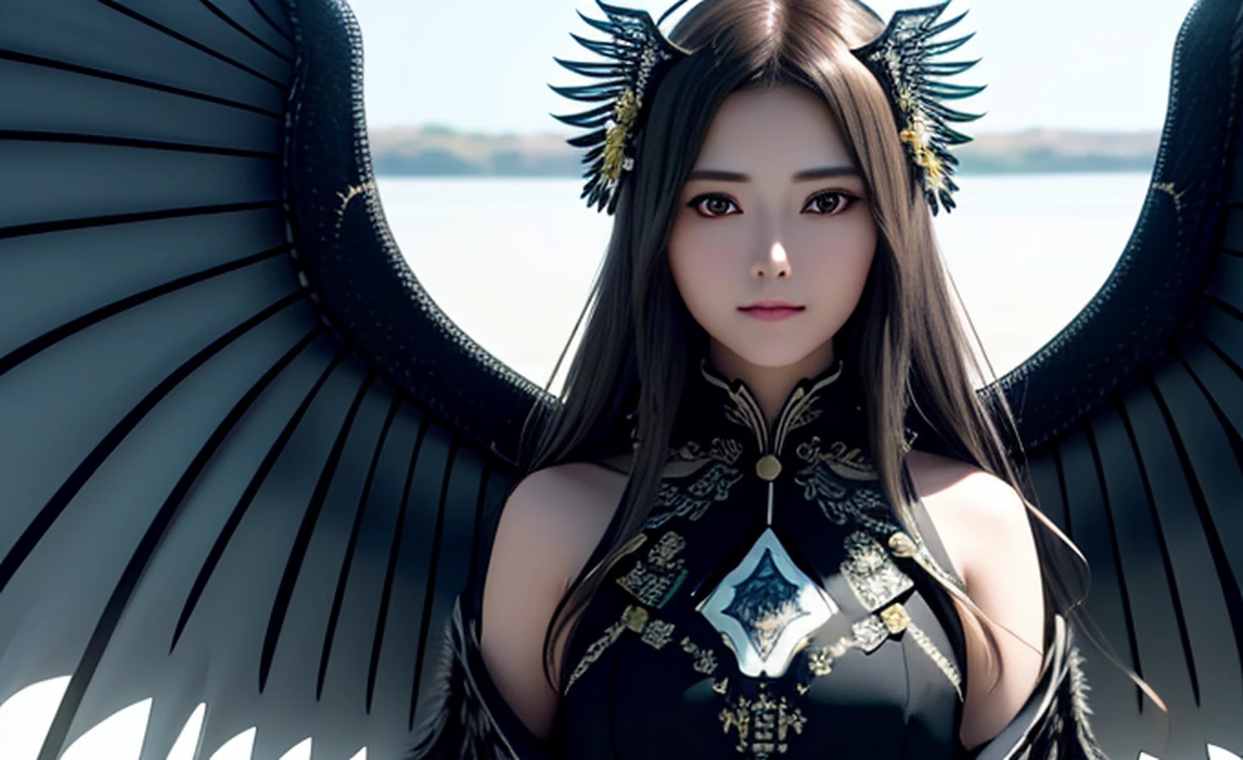 maiyan,(extremely detailed CG unity 8k wallpaper,masterpiece, best quality, ultra-detailed, beautiful detailed eyes:1.2),best illumination,dark night,moonlight,(best shadow, an extremely delicate and beautiful, bloom), ((a dark angel,hair ornamen,dark eyes,long hair,angel wings,black wings)),smirk,oversized wings,(big wings:1.4),dramatic,cinematic,Film filter,