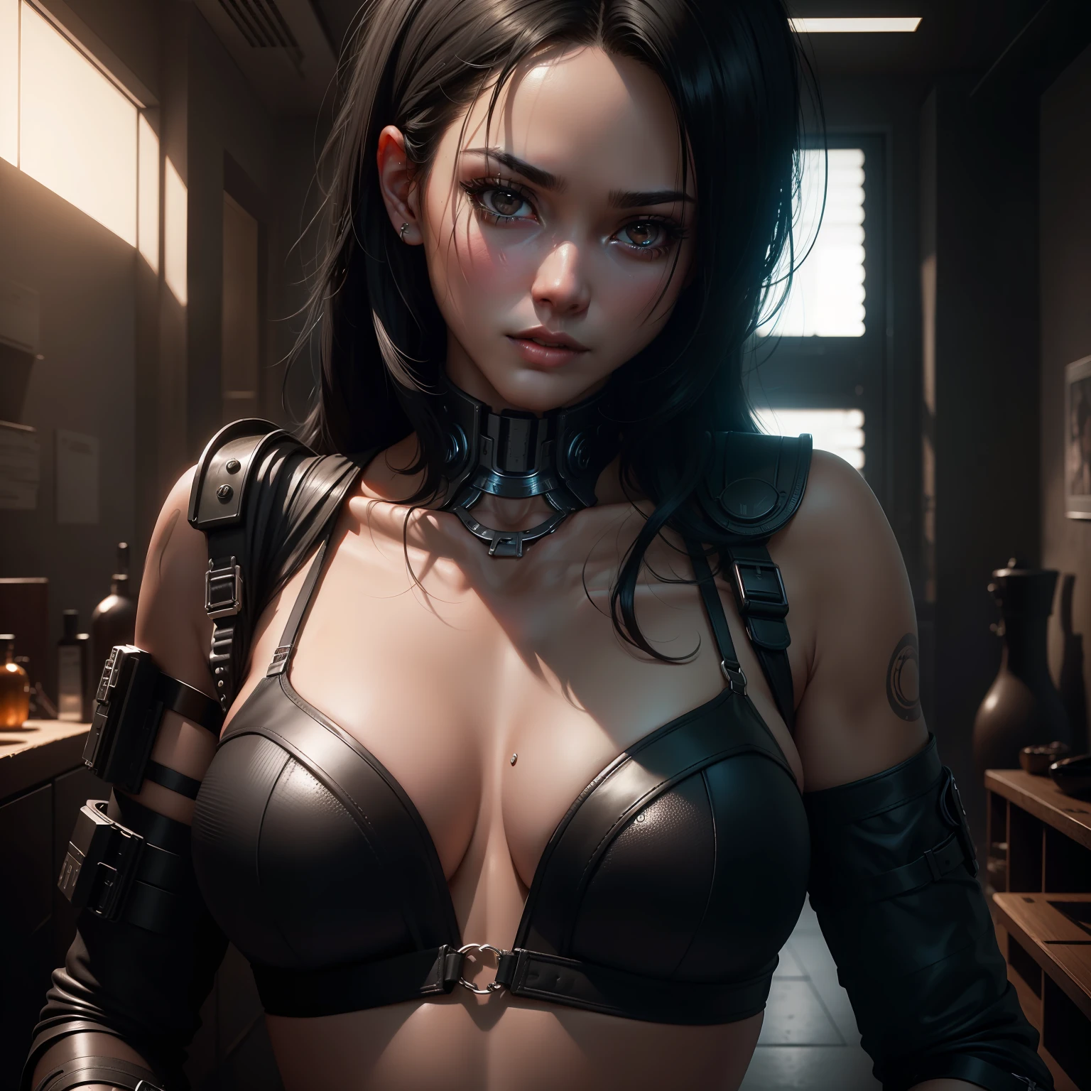 black hair, chiaroscuro, depth of field, 8k, masterpiece, anatomically correct, textured skin, super detail, high details, award winning, best quality, 8k,A girl in a cyberpunk style room,