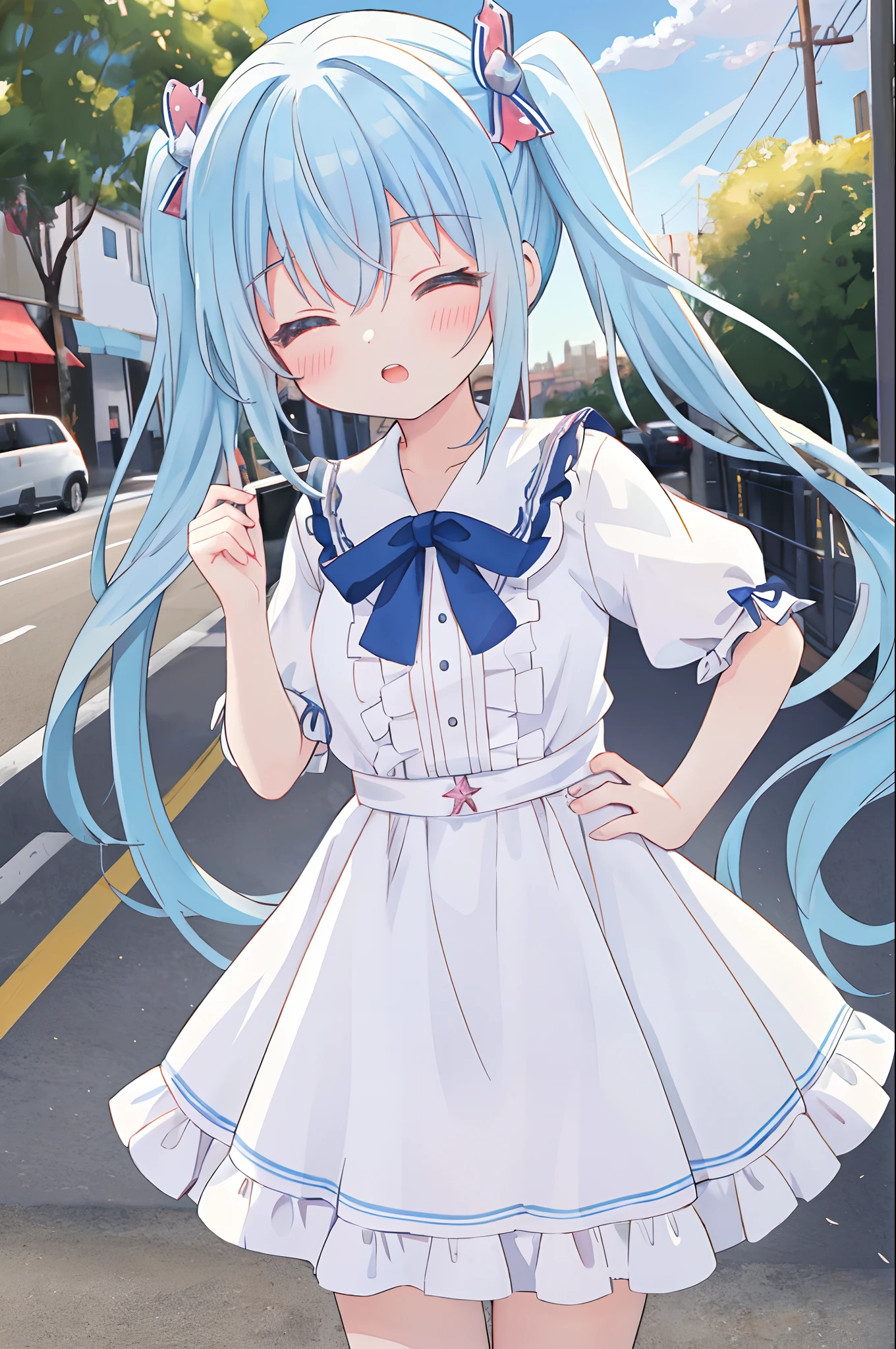absurderes, hight resolution, (Anime style:1.1), ((masutepiece)), ((Best Quality)), (Ultra-detailed), (Beautiful), 独奏, Beautiful face, (Cowgirl Shot:1.2)、(liftup),Cute little girl standing on the street in Mediterranean port city,Wind,Light blue hair, Blue eyes,very long twintails,White Dress,Blue sky,Laugh,double tooth,Closed eyes,Looking at Viewer,Lens Flare,Dramatic, Coastal、red eyes、Insert a vibrator into the、put hands on the hip