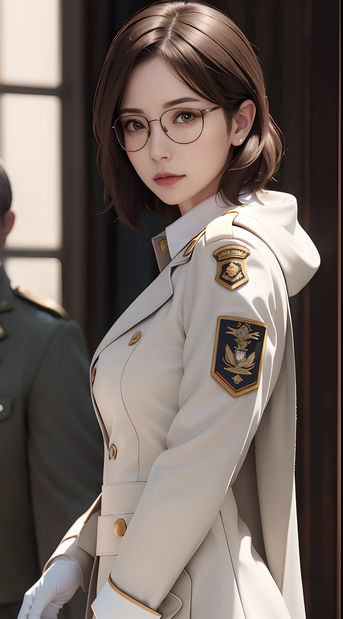 (((realistic))), 1 woman, brown hair, short hair, glasses, medium breast, tatto, block gloves, white jacket , cape, epaulettes, military uniform, eyes backlighting, mafia style