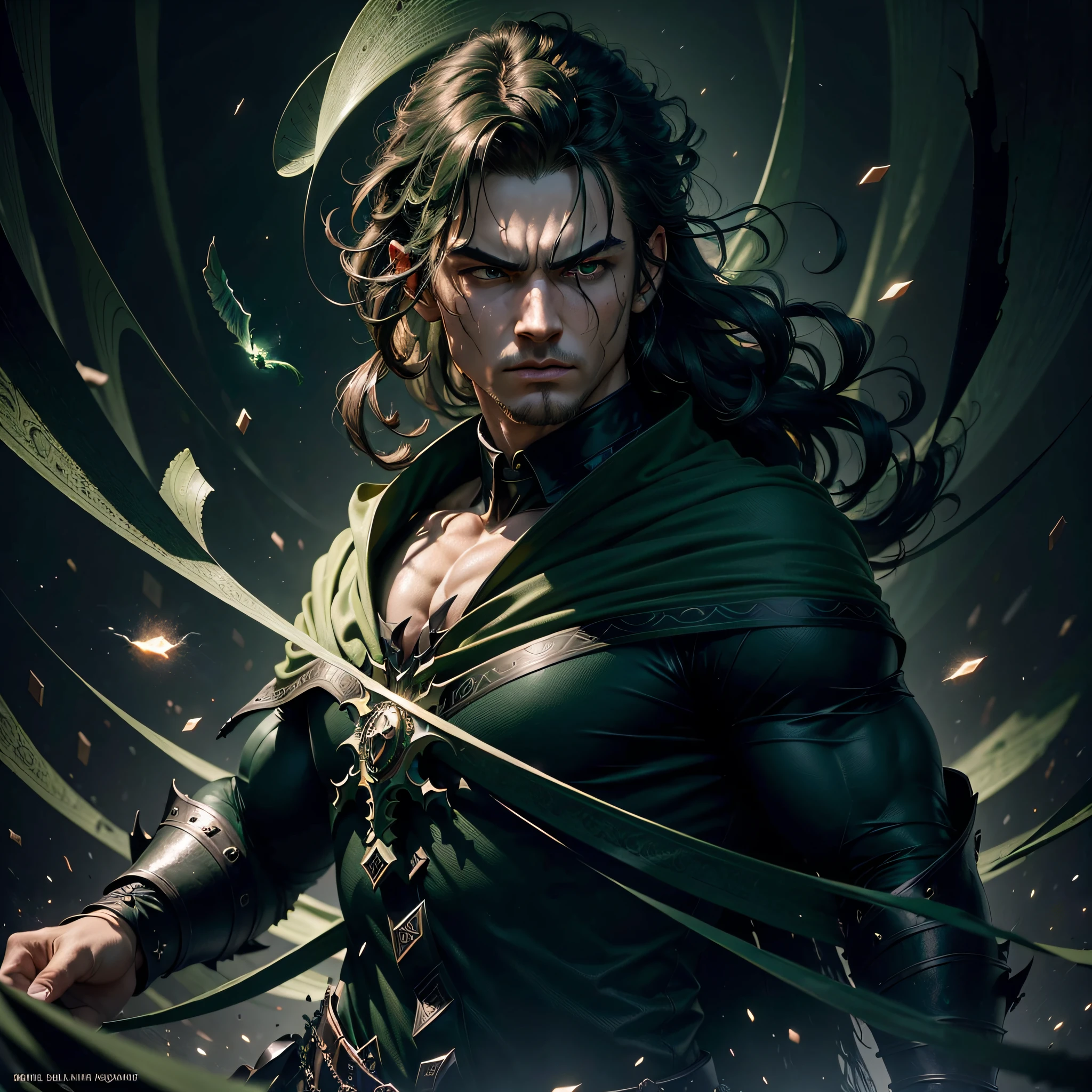 best quality, masterpiece, (realistic:1.2), detailed face, masterpiece, best quality, ultra-high res, beautiful, visually stunning, elegant, incredible details, award-winning painting, (dark art:1.1), deep shadow, (dark green theme:1.2), r1ge, glowing, aura, energy, beam, flying debris, [serious angry], floating hair, 1boy, muscular,
