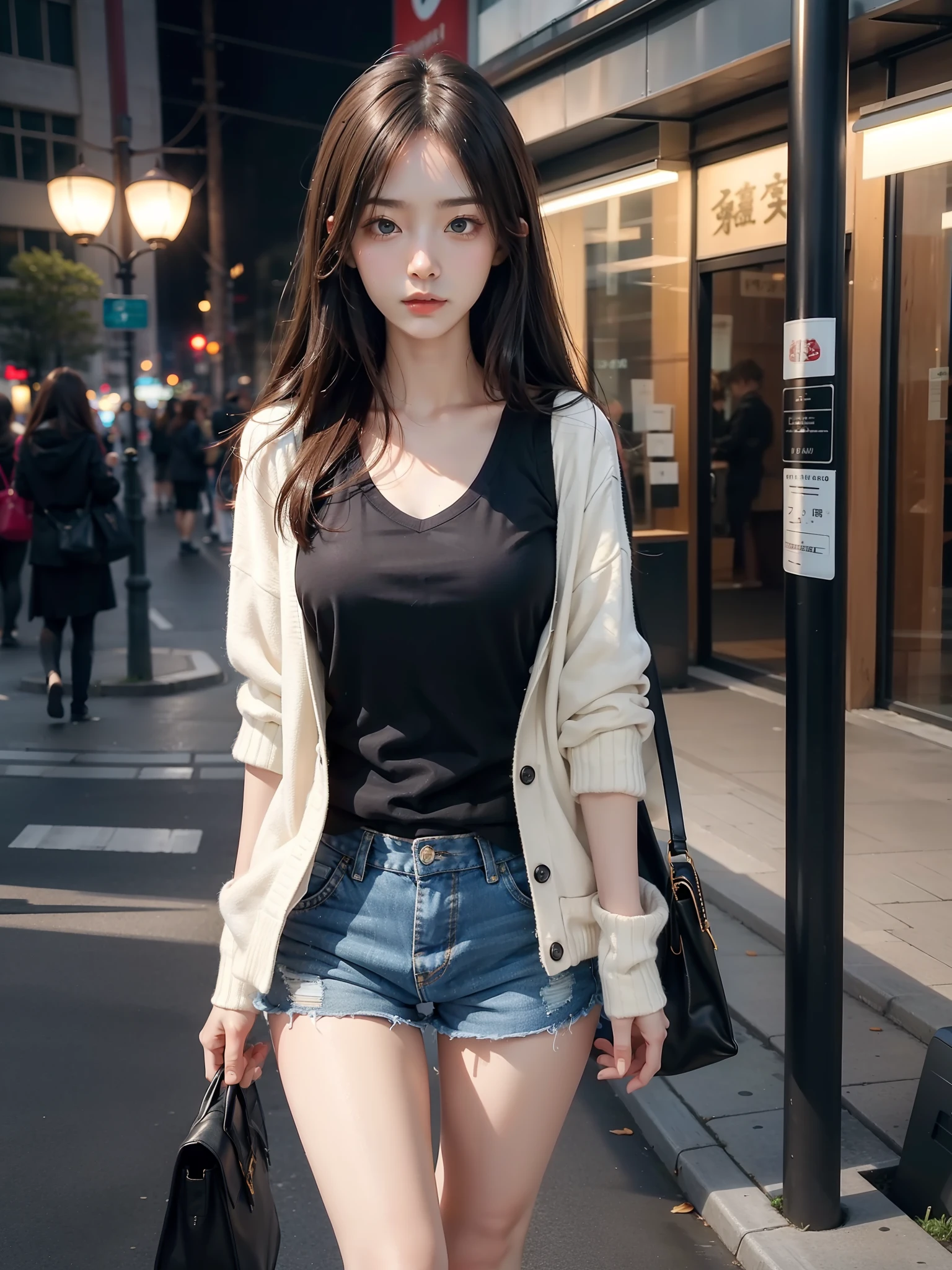 8K,best qualtiy,tmasterpiece,超高分辨率,(真实感:1.4),RAW photogr,the night,Warm light,(True skin texture:1.3),(filmgrain:1.3),Cardigan jacket,(vests),1个Giant Breast Girl,Beautiful eye and face details,tmasterpiece,Best quality at best,Slender and long legs,Casual shorts,(full bodyesbian)