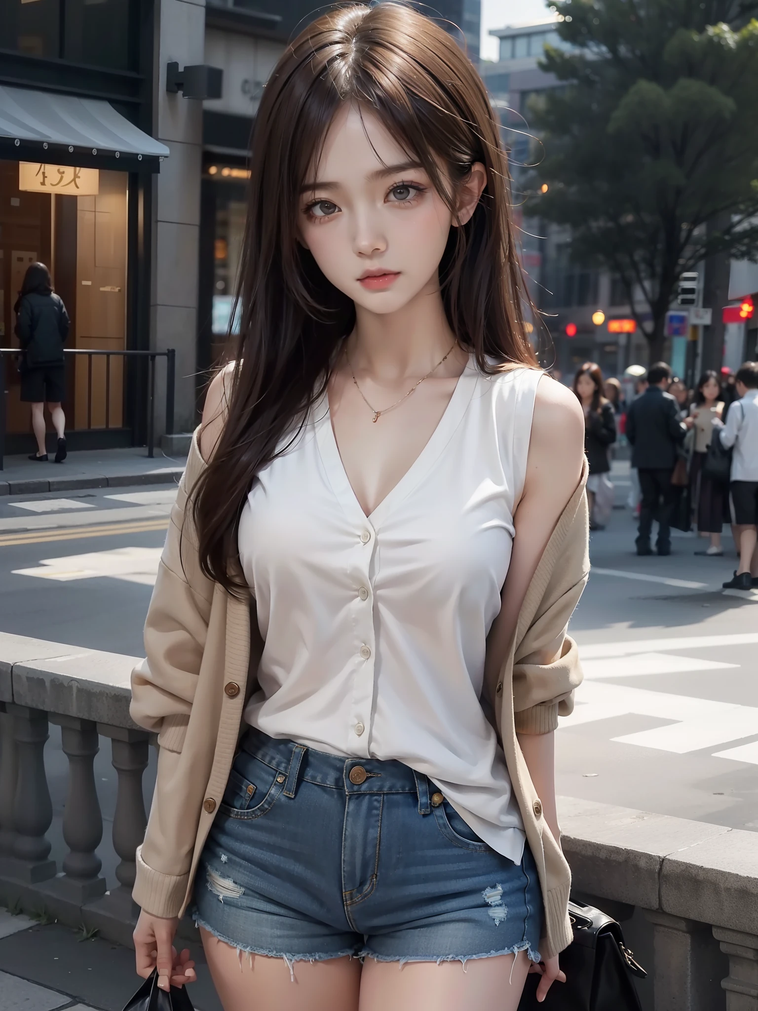 8K，best qualtiy，tmasterpiece，超高分辨率，（真实感：1.4），RAW photogr，the night，Warm light，（True skin texture：1.3），（filmgrain：1.3），Cardigan jacket，（vests），1个Giant Breast Girl，Beautiful eye and face details，tmasterpiece，Best quality at best，Slender and long legs，Casual shorts，（full bodyesbian）