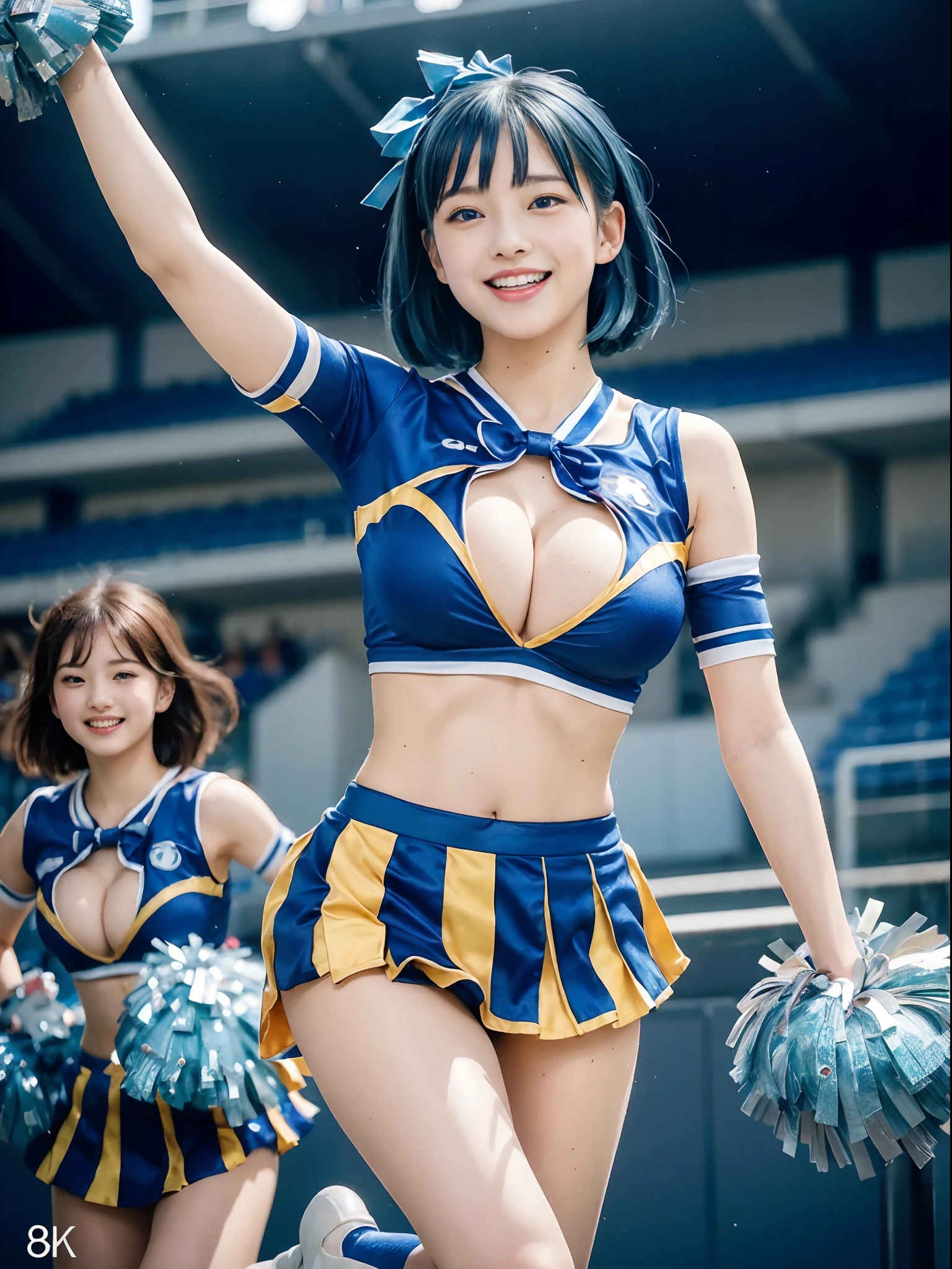 (((top-quality、8K、photographrealistic:1.4、​masterpiece)))、Back lighting、Highly detailed facial texture woman、18year old、(((Blue Cheerleader:1.2)))、((Stadium Background:1.2))、with arms up、A smile、open open mouth、shiny blue hair and short hairstyle、blue hairs。short-hair。Parted sleeves, bare shoulders​, Center opening, cleavage of the breast, Central chest,crouching cowgirl、bow ribbon。Twin-tailed。