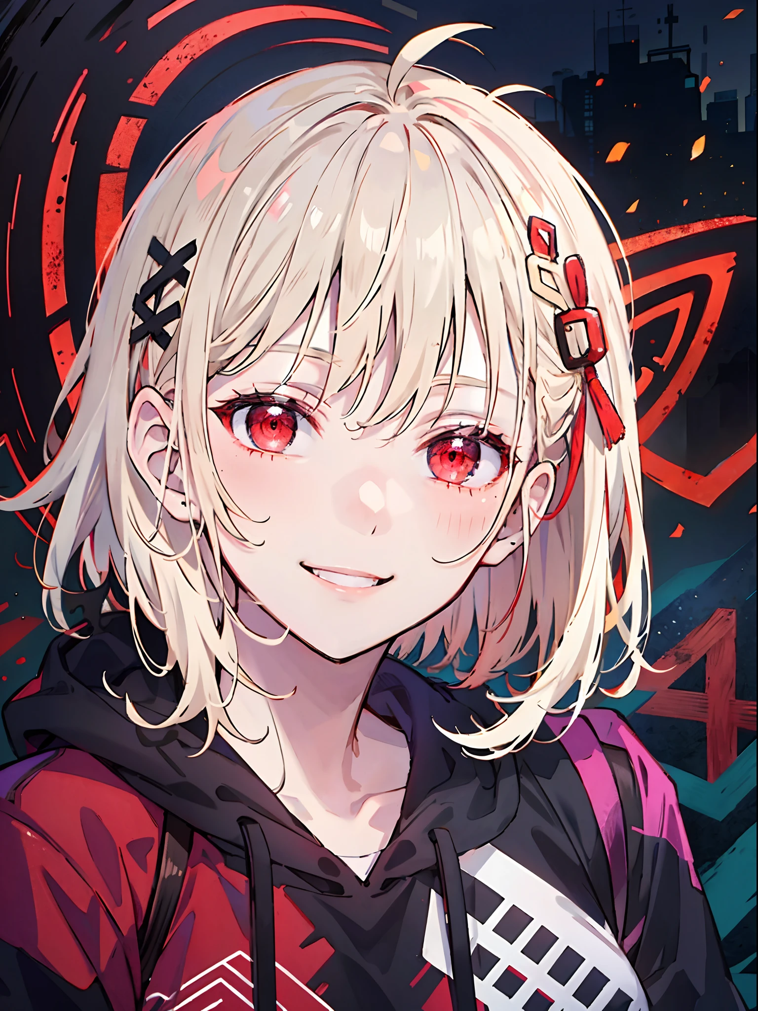 detailed background, masterpiece, best quality, smile, ornament, hoodie, portrait, red neon, graffiti, dark, night, glowing eyes, black light,platinum blonde,medium hair,red eyes