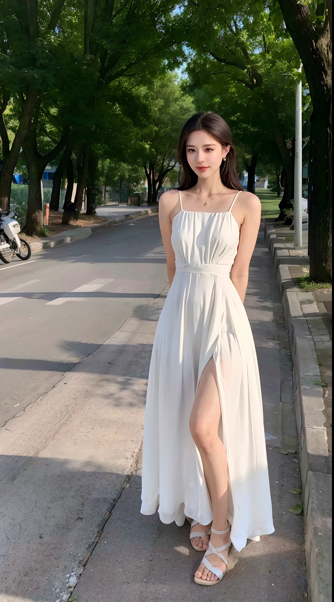 Arad woman in white dress standing on the sidewalk, Long dress, Long white dress, light half opened dress, Wearing a white flowing dress, Women's long skirt, floating dress, flowing white dress, beautiful long white dress, wearing flowing dress, wears a white dress, simple dress, White dress, opened dress, tall thin beautiful goddess