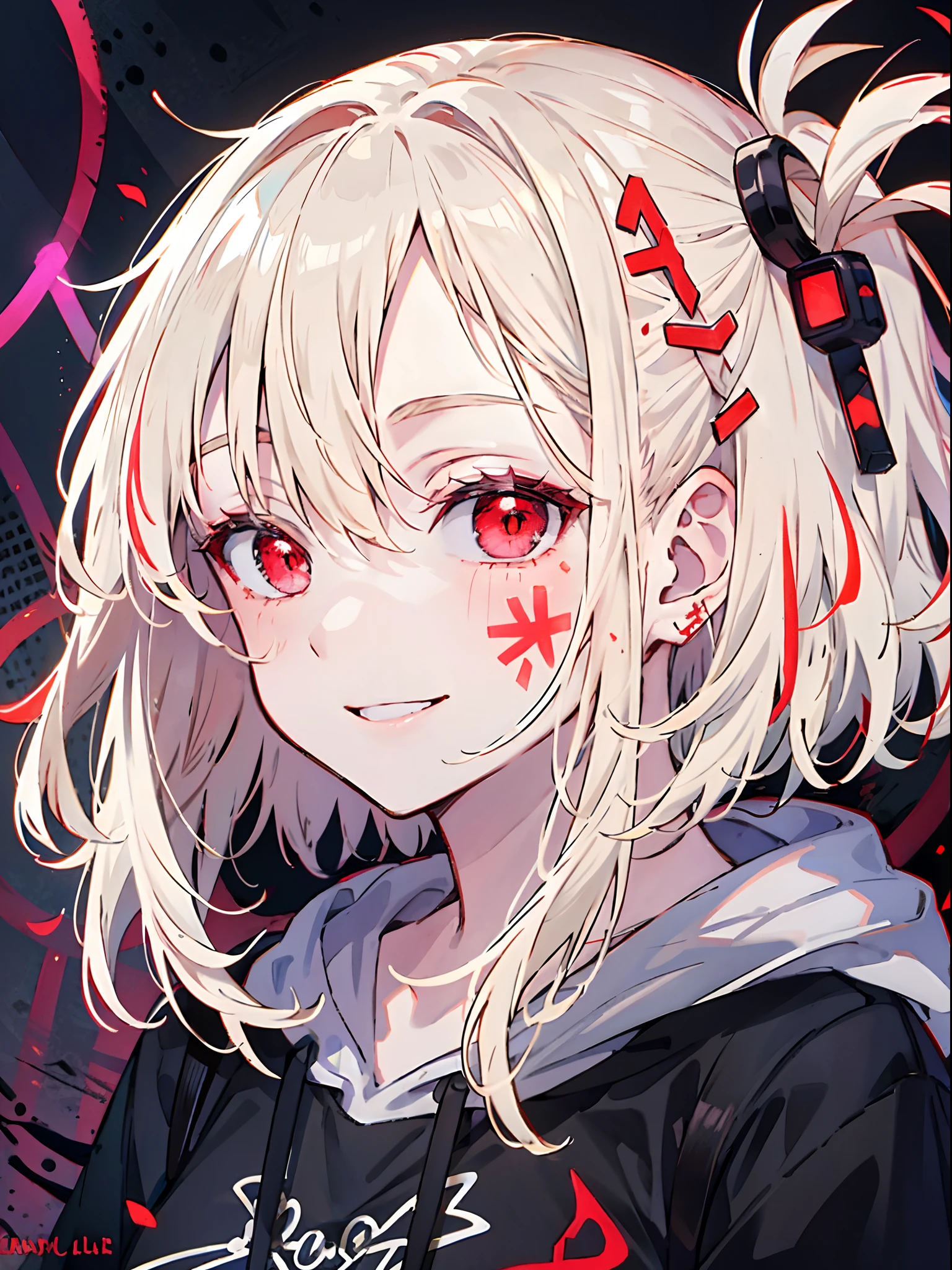 detailed background, masterpiece, best quality, smile, ornament, hoodie, portrait, red neon, graffiti, dark, night, glowing eyes, black light,platinum blonde,medium hair,red eyes