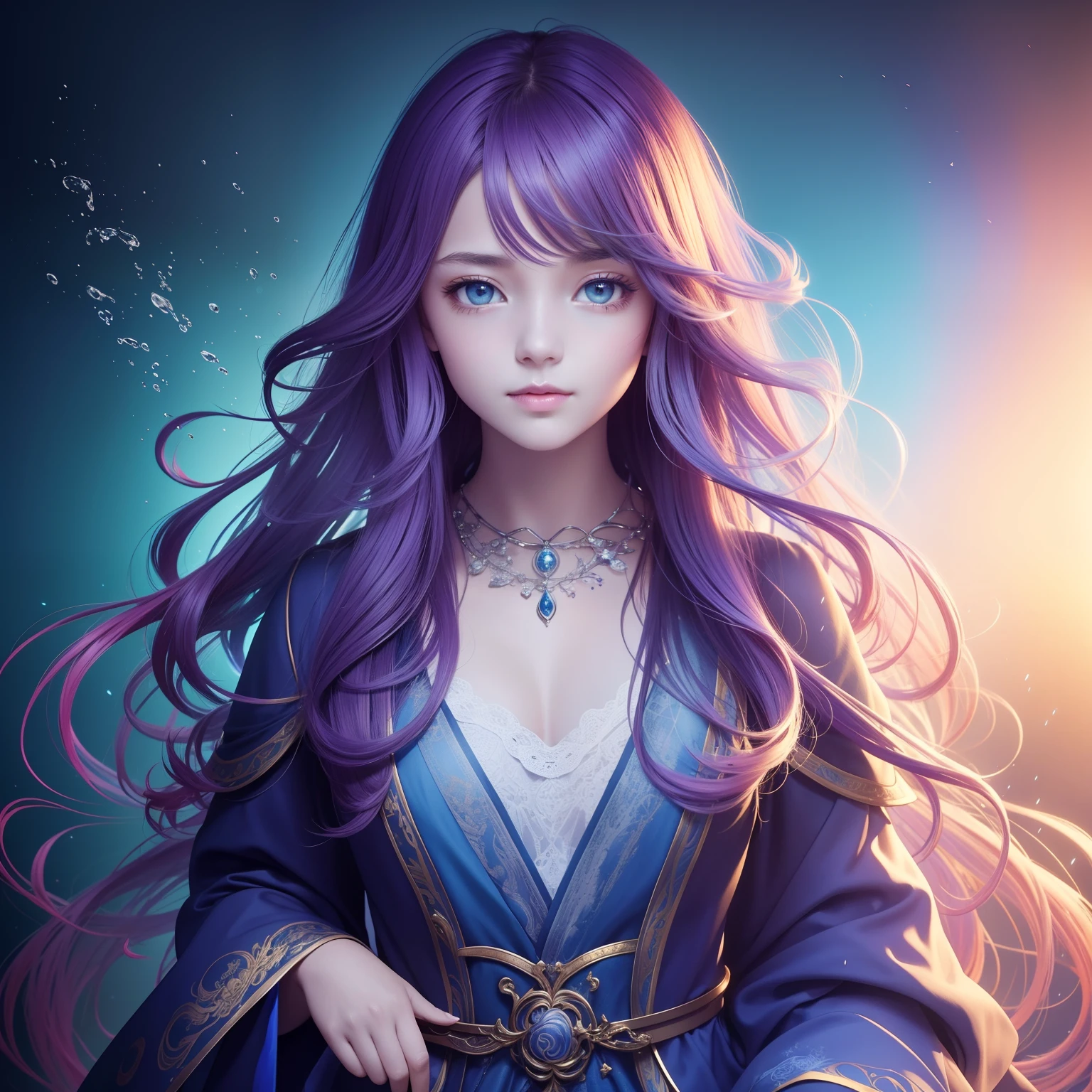 Colorful beautiful girl：An 8--old l，messy  hair，perfect  face，Soft skin perfect face，blue yellow colors，Light purple and violet color added，Light red color added，Complicated details，Splash screen，8K分辨率，tmasterpiece, cute  face, ArtStation digital painting is smooth and very black ink flow：8k resolution photorealistic masterpiece：intricately detailed fluid gouache painting：Written by Jean Baptiste Mongue：caligraphy：propylene：water color art，professional photoshooting，natural  lightting，Volumetric lighting minimalist photographic illustration：Written by Marton Bobzert： ，复杂，ellegance，sprawling，dream magical，Wavy hair，with dynamism