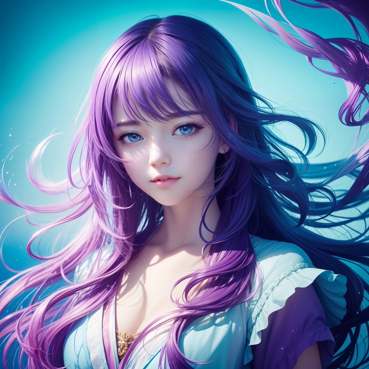 Colorful beautiful girl:An 8--old l,messy hair,perfect face,Soft skin perfect face,blue yellow colors,Light purple and violet color added,Light red color added,Complicated details,Splash screen,8K分辨率,tmasterpiece, cute face, ArtStation digital painting is smooth and very black ink flow:8k resolution photorealistic masterpiece:intricately detailed fluid gouache painting:Written by Jean Baptiste Mongue:caligraphy:propylene:water color art,professional photoshooting,natural lightting,Volumetric lighting minimalist photographic illustration:Written by Marton Bobzert: ,复杂,ellegance,sprawling,dream magical,Wavy hair,with dynamism