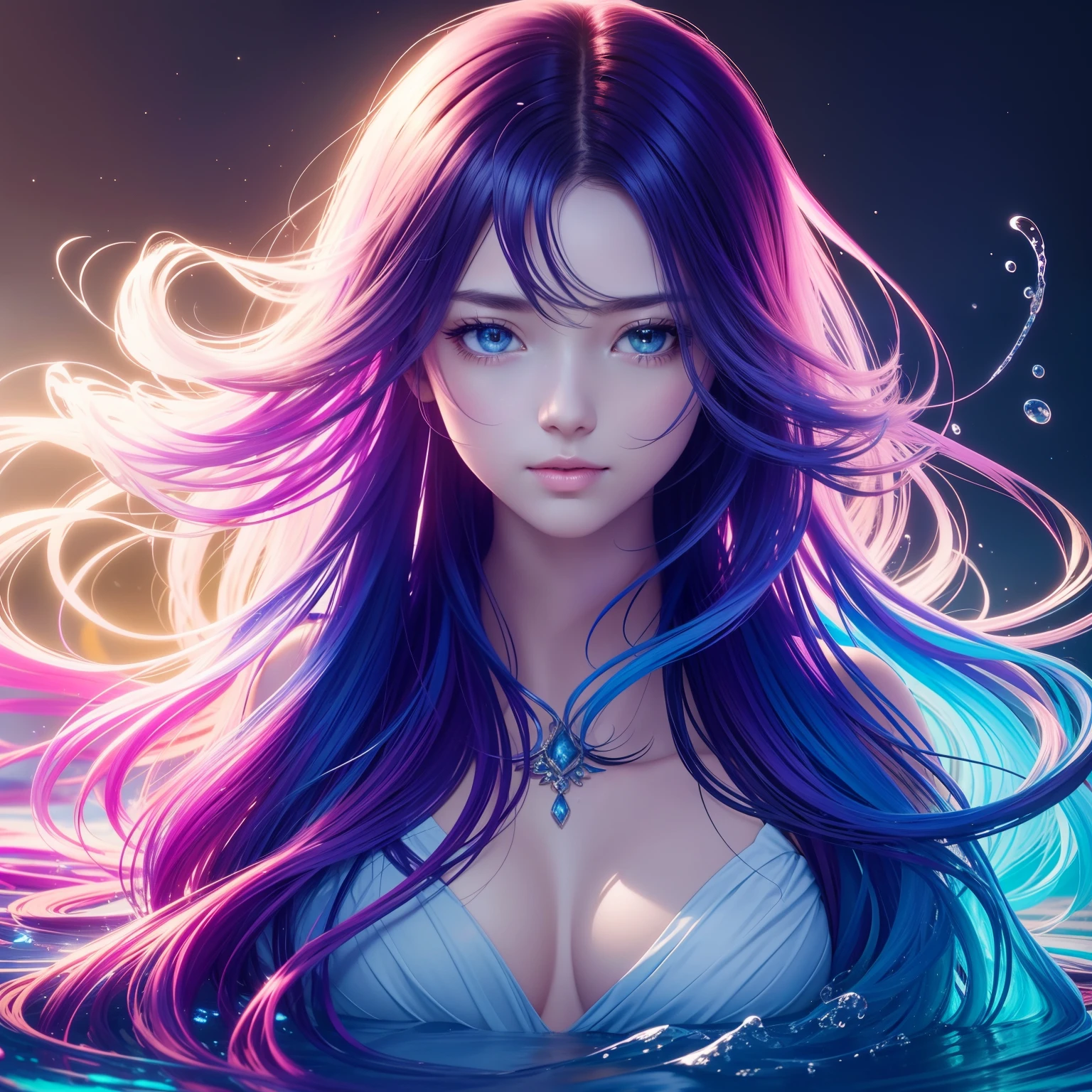Colorful beautiful girl:An ,messy hair,perfect face,Soft skin perfect face,blue yellow colors,Light purple and violet color added,Light red color added,Complicated details,Splash screen,8K分辨率,tmasterpiece, cute face, ArtStation digital painting is smooth and very black ink flow:8k resolution photorealistic masterpiece:intricately detailed fluid gouache painting:Written by Jean Baptiste Mongue:caligraphy:propylene:water color art,professional photoshooting,natural lightting,Volumetric lighting minimalist photographic illustration:Written by Marton Bobzert: ,复杂,ellegance,sprawling,dream magical,Wavy hair,with dynamism