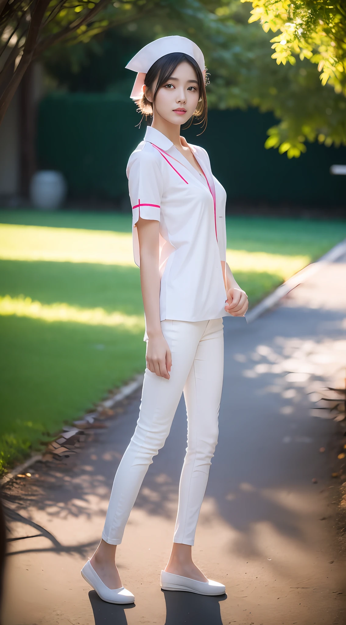 1 beautiful woman taking pictures on the grass of the villa，RAW photos，tmasterpiece，（highdetailskin：1.2），8k ultra high definition，digital SLR camera，gentlesoftlighting，high high quality，filmgrain，富士XT3，20 years old Asian woman，Wear simple clothes，（White long nurse uniform:1.2 and long skinny jeans:0.7，Detailed clothing details:1.3），perfect body figure，Perfect breasts and nipple bulge，The legs are straight and slender，Branded stylish shoes:0.6，Super detailed facial details and skin，Fair pink face and skin，The skin is pink，with light glowing，二重まぶた，Super detailed eyes，Wear a mask:1.5， (Gloss on lips, eyeslashes, Glossy face, Best quality, Super high resolution, warm color，Wide lighting, naturalshadow),taken from behind， Show off your beautiful body, Full body shooting: 1.8