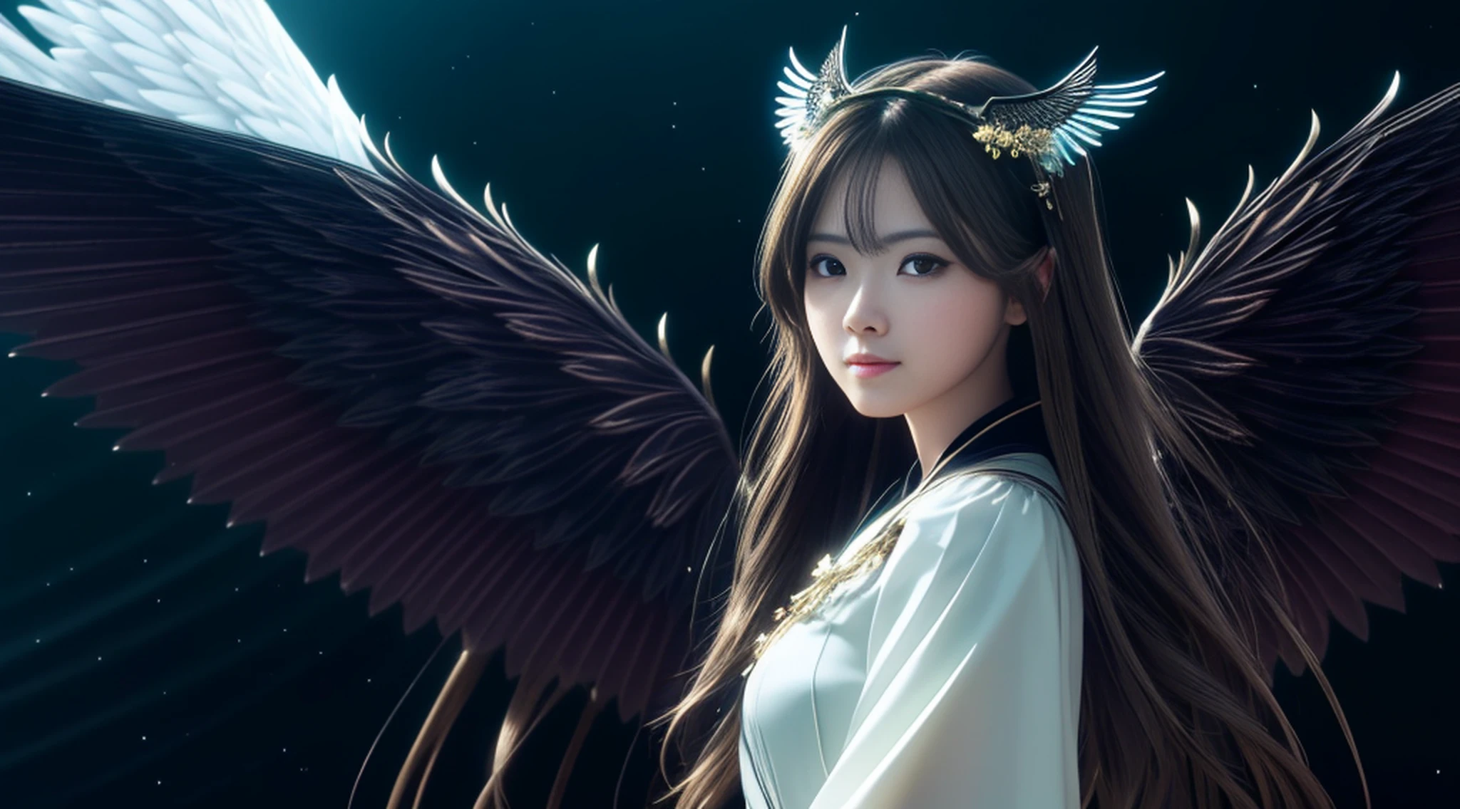 maiyan,(extremely detailed CG unity 8k wallpaper,masterpiece, best quality, ultra-detailed, beautiful detailed eyes:1.2),best illumination,dark night,moonlight,(best shadow, an extremely delicate and beautiful, bloom), ((a dark angel,hair ornamen,dark eyes,long hair,angel wings,black wings)),smirk,oversized wings,(big wings:1.4),dramatic,cinematic,Film filter,