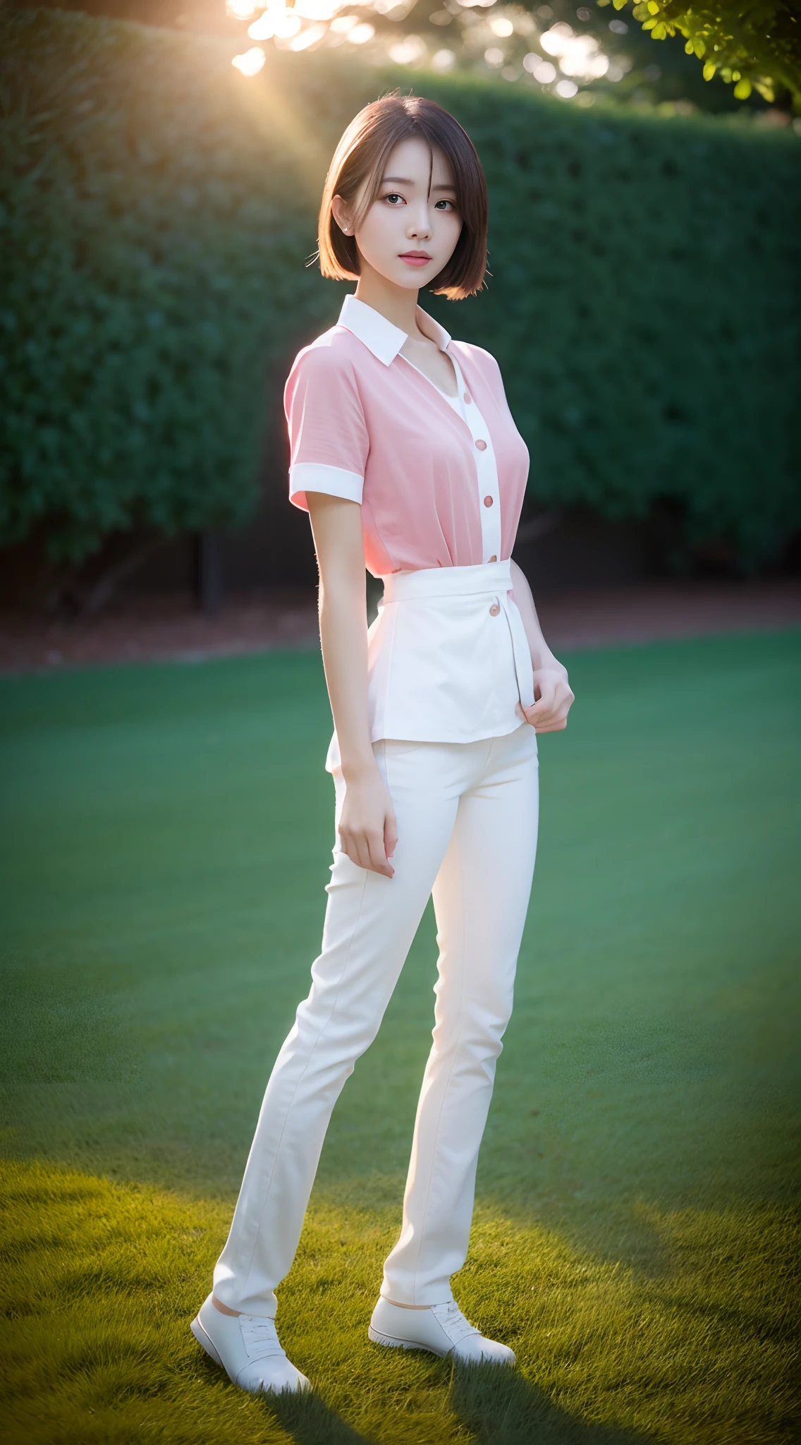 1 beautiful woman taking pictures on the grass of the villa，RAW photos，tmasterpiece，（highdetailskin：1.2），8k ultra high definition，digital SLR camera，gentlesoftlighting，high high quality，filmgrain，富士XT3，20 years old Asian woman，Wear simple clothes，（White long nurse uniform:1.2 and long skinny jeans:0.7，Detailed clothing details:1.3），perfect body figure，Perfect breasts and nipple bulge，The legs are straight and slender，Branded stylish shoes:0.6，Super detailed facial details and skin，Fair pink face and skin，The skin is pink，with light glowing，二重まぶた，Super detailed eyes，Wear a mask:1.5， (Gloss on lips, eyeslashes, Glossy face, Best quality, Super high resolution, warm color，Wide lighting, naturalshadow),taken from behind， Show off your beautiful body, Full body shooting: 1.8