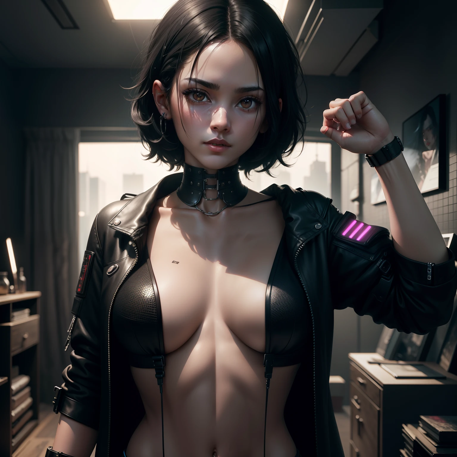 black hair, chiaroscuro, depth of field, 8k, masterpiece, anatomically correct, textured skin, super detail, high details, award winning, best quality, 8k,A girl in a cyberpunk style room，