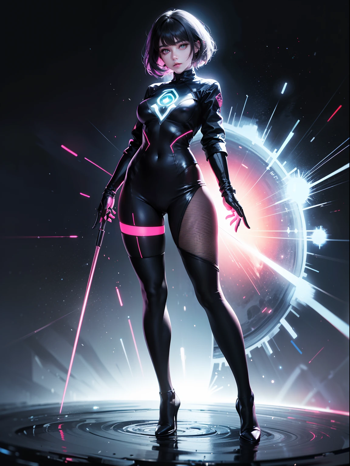 (full body:1.5),(1girl:1.3),(view the viewer:1.4),(anatomy correct:1.45),(Wear printed fantasy Sister Seni tight and point-toe heels ,and very thick printed pantyhose :1.35), (Light particle effect:1.3),(In pink | amarelo | blue colors| green color |red colour | white colors| black in color| purpleish color| greys| Beige| Flesh color 1.4),(Glowing eyes:1.3),(Large amplitude action: 1.3),(Accurate and perfect face:1.4),hyper HD, Ray traching, reflective light,structurally correct, Award-Awarded, high detal, lightand shade contrast, Face lighting,cinmatic lighting, tmasterpiece, super detailing, high high quality, high detal, best qualityer, 16k,High contrast,
