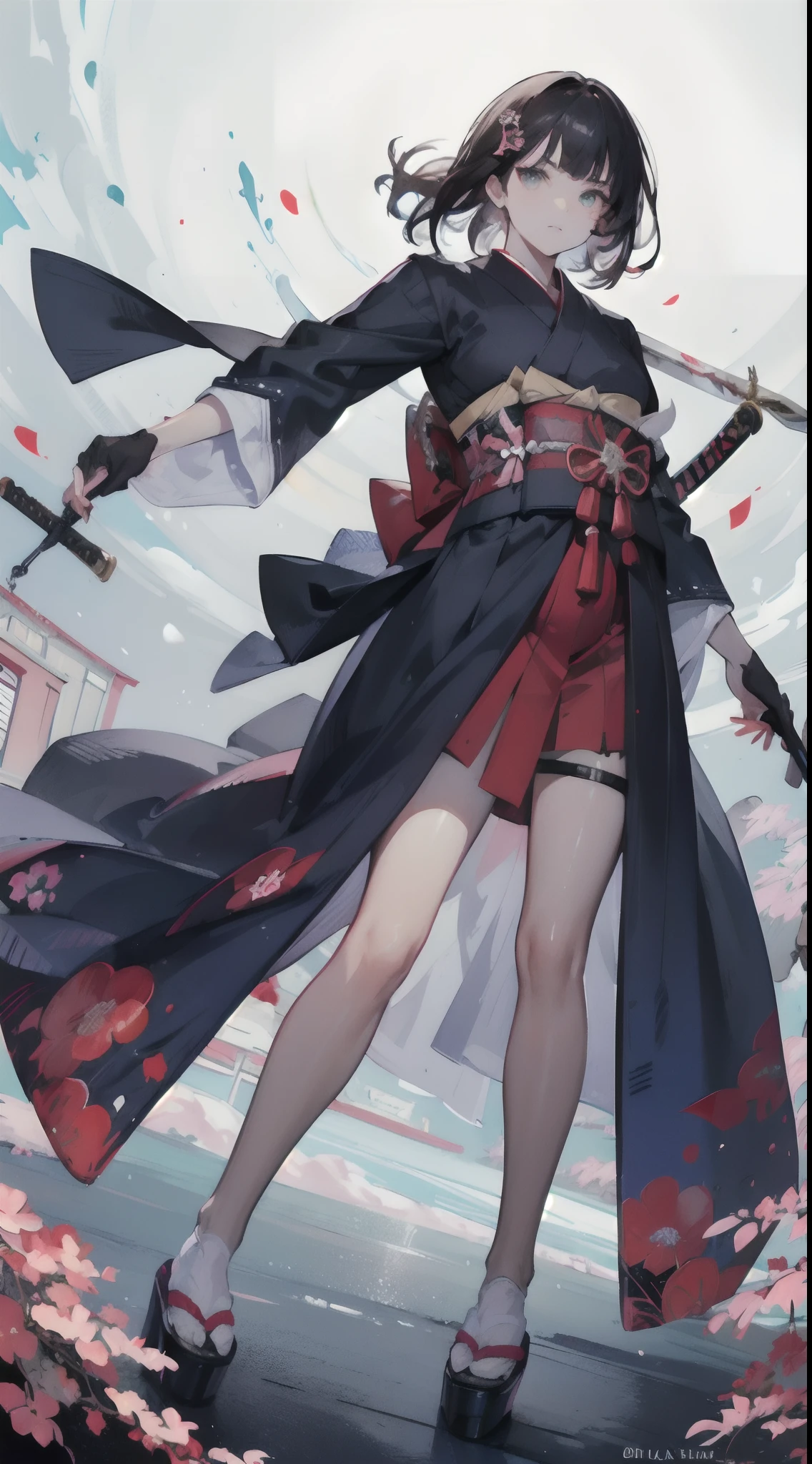 (fullllbody), 1 Samurai Girl, (beautifully detailed eyes), (beautiful and detailed face), Perfect female body, (neat figure:1.2), Slender waist, (18year old), Very big eyes, (Sober haori hakama:1.4), (Black Gauntlet), )Perfect Sam Live Raid:1.4), (The Ultimate Japan Sword:2), (Japan's famous sword:1.6), (Beautiful sword ripples), (Beautiful curved blade), (Blades without distortion:2), Perfect sword hilt, ((Flashy sword fighting:1.6)) ,(Fight one-on-one with male samurai:1.2), blood splashing, (top-quality), (ultra-detailliert), (masuter piece), (hight resolution), (Photorealsitic:1.4), (Dynamic Angle:1.2), (Original), (the Extremely Detailed CG Unity 8K Wallpapers), Character Design, Game CG, Detailed Manga Illustration, Realistic head-to-body size ratio:1.2, anime keyvisual,In the precincts
