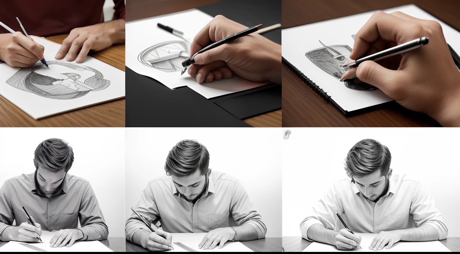 A series of images showing the young man working on his drawing skills