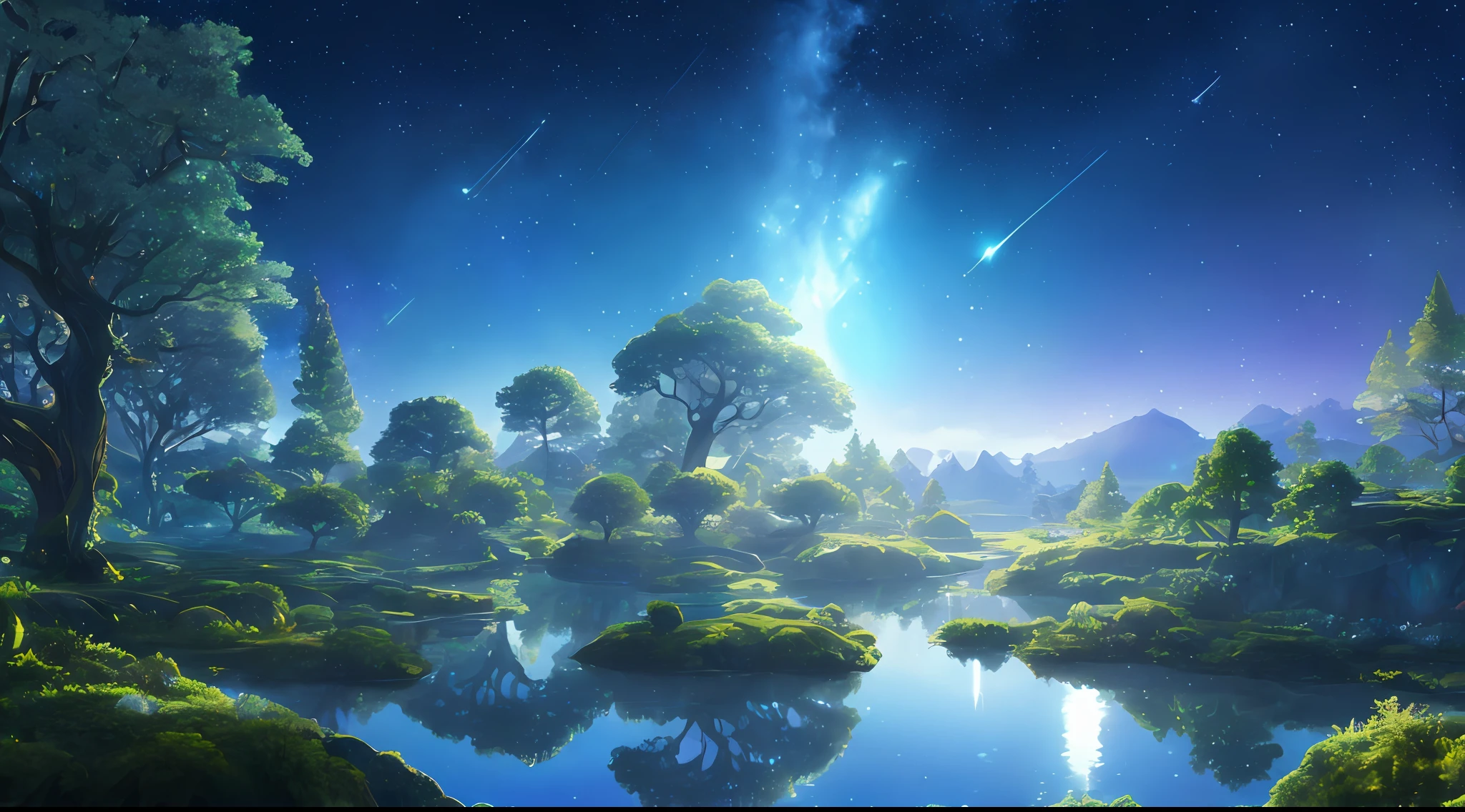 Illustration of a hyperrealistic , otherworldly, ultrasky scene featuring a giant crystal tree full body,very detailed and magical lighting, intricate forest details, vegetation and river around, solarpunk ,landscape, giant tree, beatifull leafy with beautiful lighting and realistic proportions, as if it were a cinematic background, 8k, highest quality, masterpiece, clouds and stars in the sky.