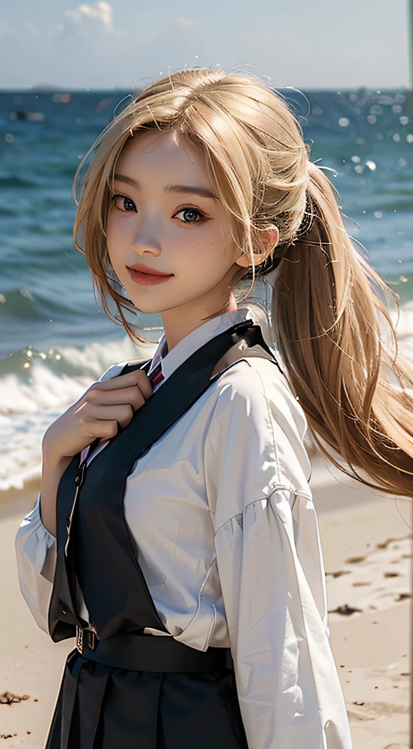 ((top-quality、8k、masterpiece:1.3))、1girl in、a smile、full bodyesbian、Slim Faces、Pretty women、(blondehair、Twin-tailed)、Full-length dresses:1.1、hyperdetailed face、A detailed eye、二重まぶた、blured background、Slim Faces、Mare、beach、Wearing a black school uniform