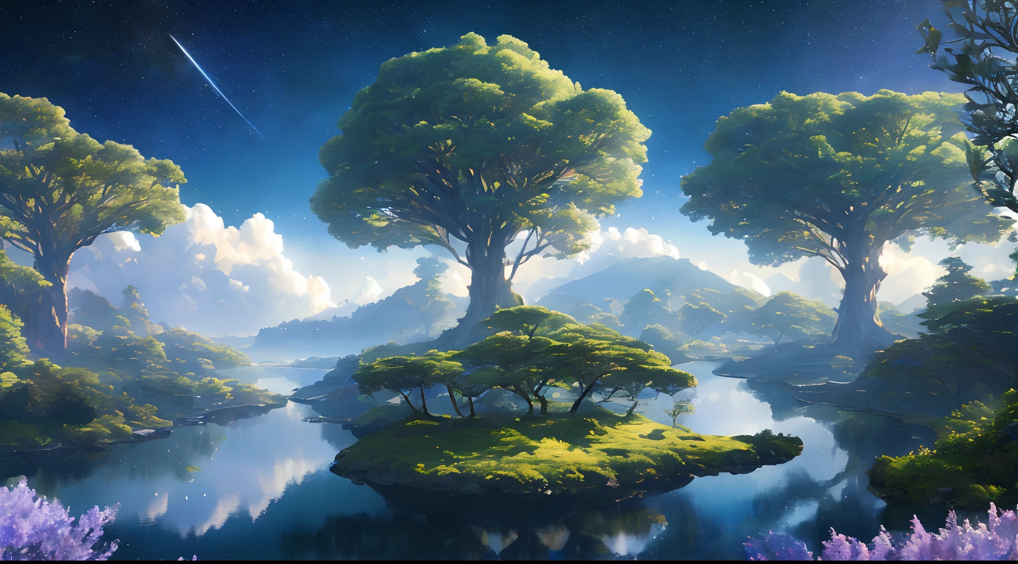 Illustration of a hyperrealistic , otherworldly, ultrasky scene featuring a giant crystal tree full body,very detailed and magical lighting, intricate forest details, vegetation and river around, solarpunk ,landscape, giant tree, beatifull leafy with beautiful lighting and realistic proportions, as if it were a cinematic background, 8k, highest quality, masterpiece, clouds and stars in the sky.