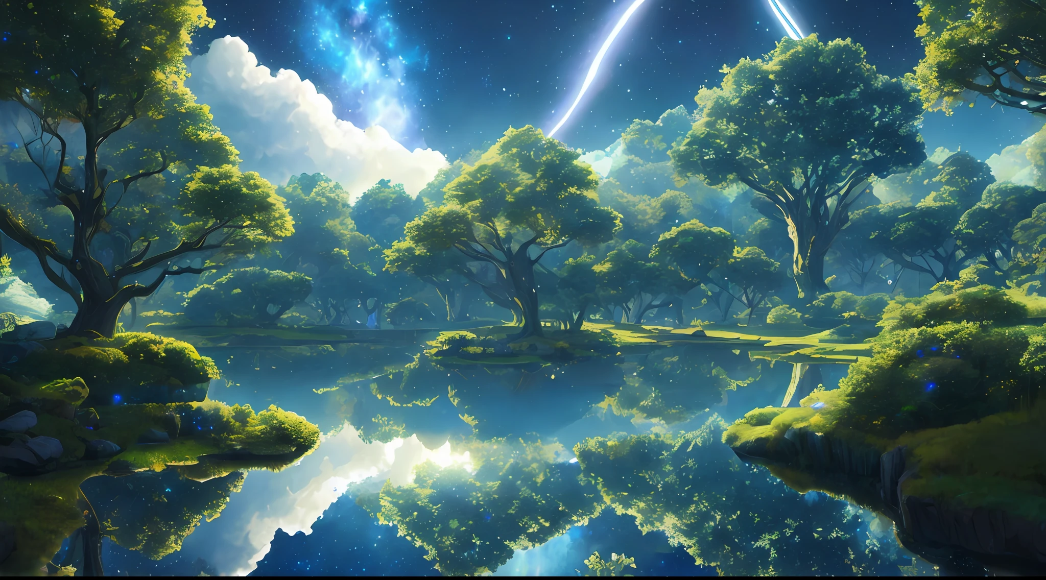Illustration of a hyperrealistic , otherworldly, ultrasky scene featuring a giant crystal tree full body,very detailed and magical lighting, intricate forest details, vegetation and river around, solarpunk ,landscape, giant tree, beatifull leafy with beautiful lighting and realistic proportions, as if it were a cinematic background, 8k, highest quality, masterpiece, clouds and stars in the sky.