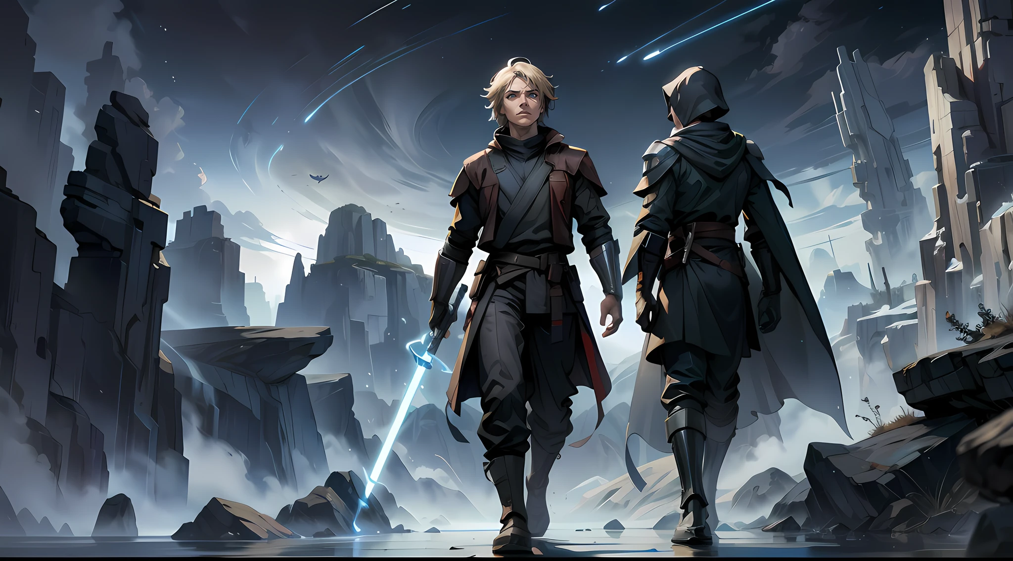 A Jedi Knight is fighting a Sith Lord with his lightsaber on an alien planet, ACTION SCENE, movie scene, panoramic view, light particles around, ultra definition, very high resolution, 8k, volumetric light, dynamic composition, details intricate, masterpiece