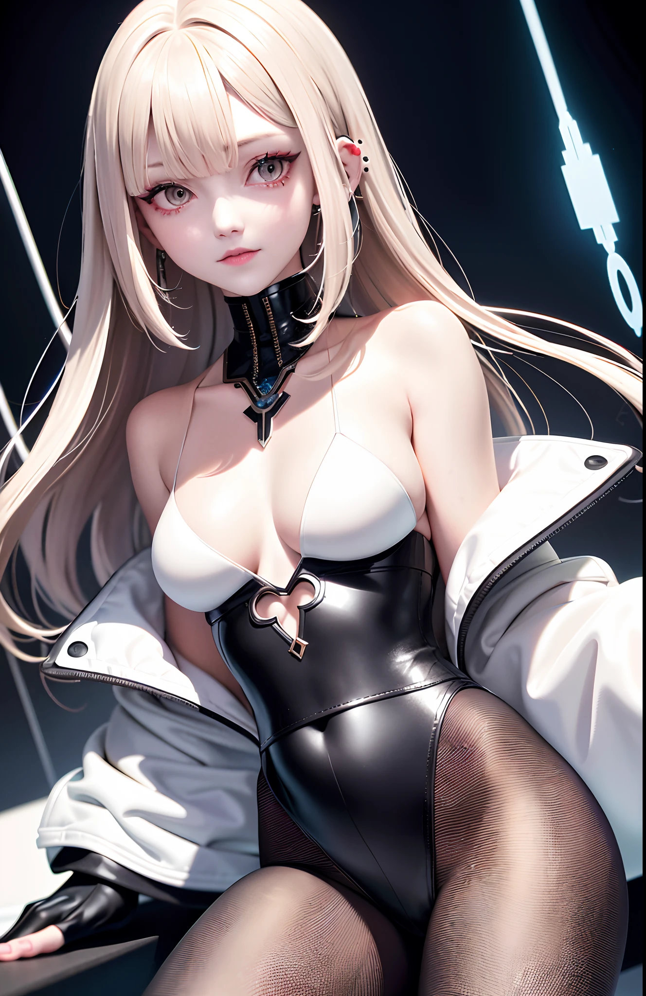 optimum，tmasterpiece，A high resolution，best qualtiy，hyper HD，super detailing，Award-Awarded，16k，独奏，（The upper part of the body），anatomy correct，Beautiful cyberpunk girl，Ex Machina，cute  face，high light，Gradient Beige Hair，Hairline，（（Scarlet eyes）），long eyelasher，Hanging eye corners，White skin of the，（small boobs），（Slim body），（（fur-trimmed_coat）），（（high-waist_Skirt）），（），ear studs，（neck rings），（Laser material clothing：1.2）