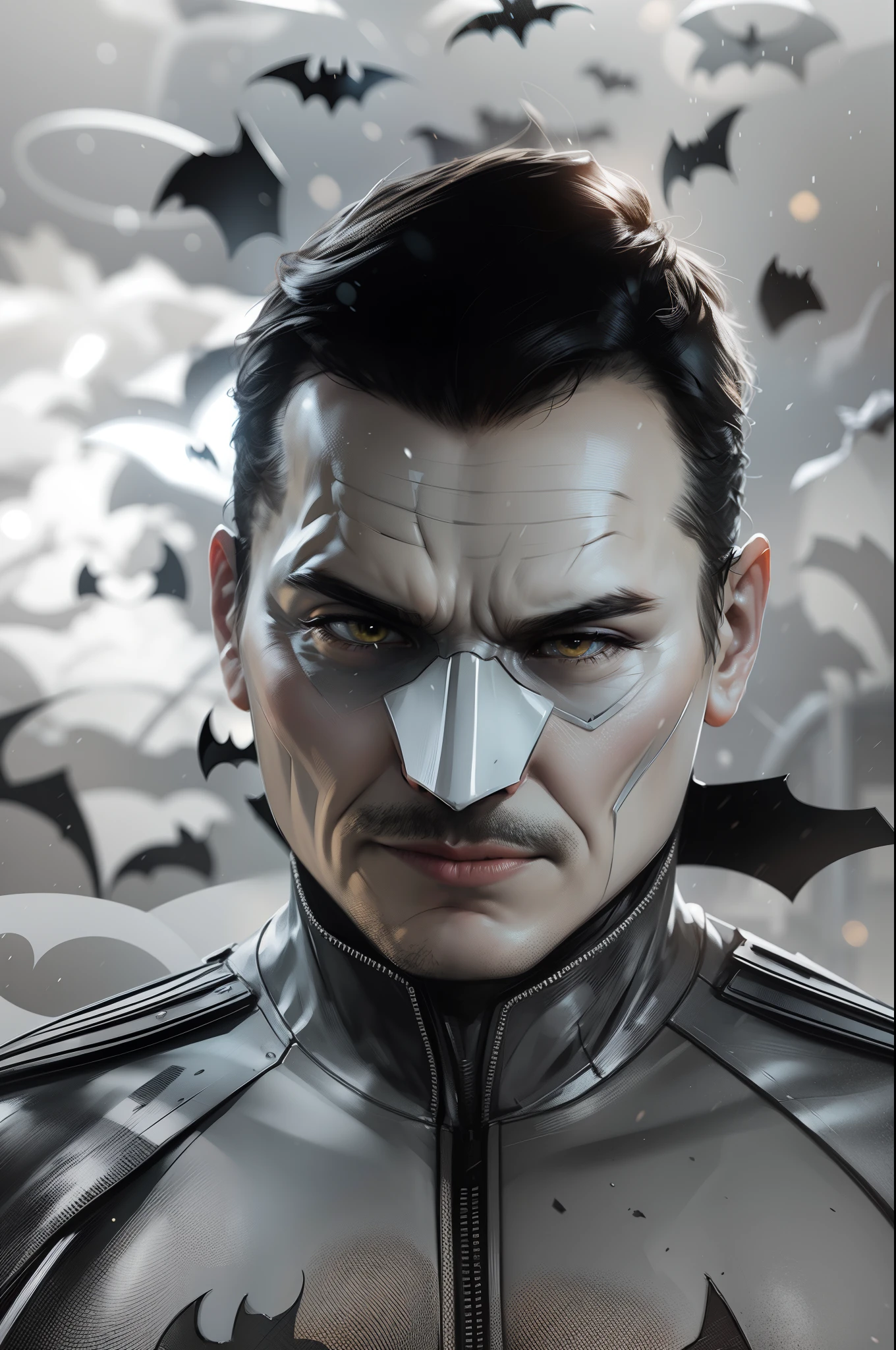 Batman, realistic mask, yellow logo, wide shot, reflection light, bloom, chromatic aberration abuse, UHD