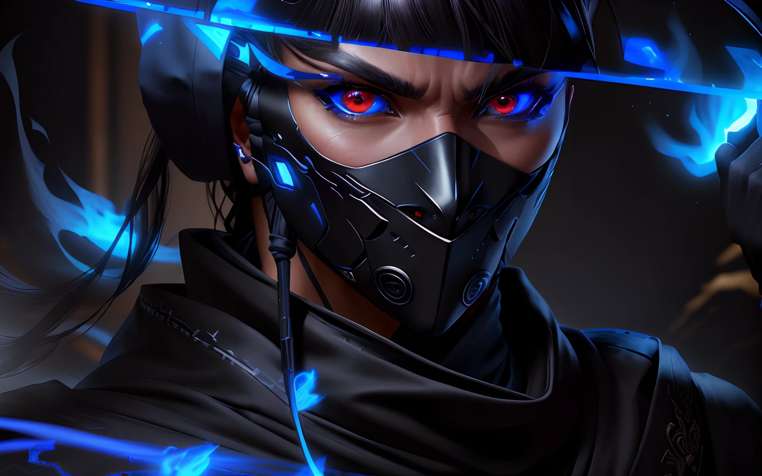 With a ninja cloak, Super detailed content : face, blue face unreal engine, 8K highly detailed face, , ps5 cinematic screen capture, Villain wearing a black medium red embellished mask, closeup shot of face, full body close-up shot, closeup of face, Ultra HD facial detail