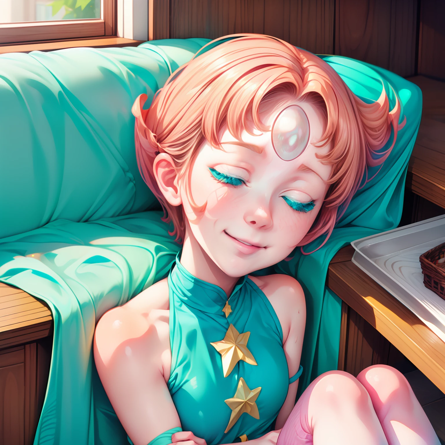 1girl, Pearl, pale, ivory complexion, light-cyan eyes, peach-colored hair, forehead gem, aqua blue tunic, cyan high-waist ribbon, yellow shorts, star emblem, swept-back hair, short hair, pearl gem, pointy nose, pink socks, light blue ballet flats, sleeping, closed eyes, perfect anatomy, better hands