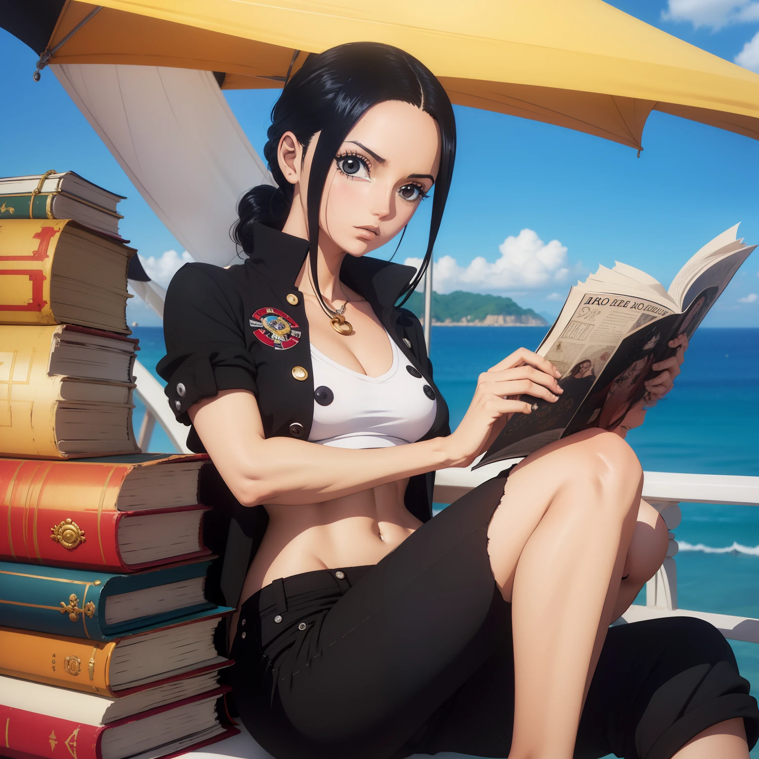 Arte do local, arte chave, melhor qualidade, obra prima, u detalhada, from one piece, Estilo One Piece, Arte do local, arte chave, melhor qualidade, em um navio, mulher de cabelos pretos, uma mulher de cabelos pretos, NAVIO, biblioteca, roupas pretas, perfect hands, colar, lendo jornal, pose para foto, black top low black pants, cabelo comprido solto, olhos vermelhos