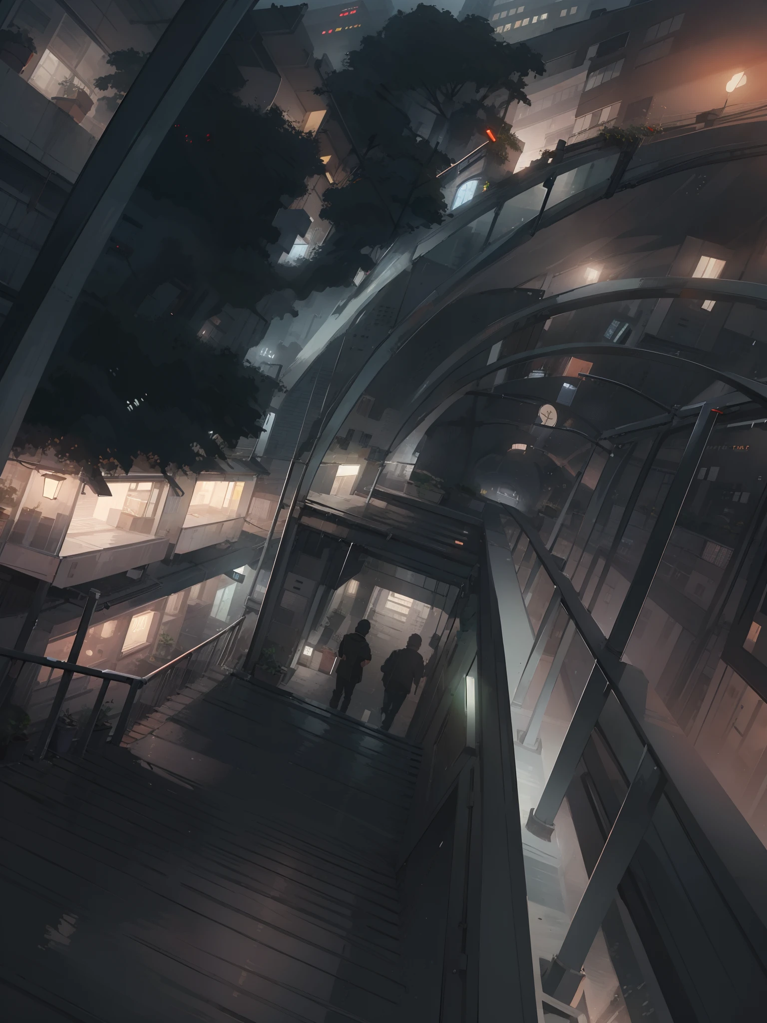 No people, grey background, landscape, door, plant, simple background, clock, window, air conditioner, building, outdoors, potted stairs, windows, concrete, (illustration:1.0), masterpiece, best quality, cyberpunk, tunnel, potted plants, market place, cloudy night sky