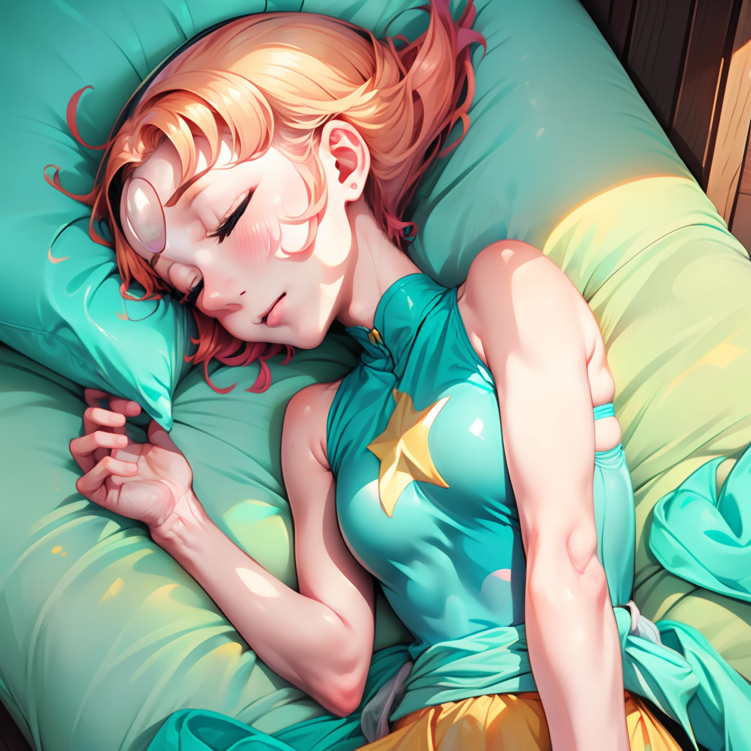 1girl, Pearl, pale, ivory complexion, light-cyan eyes, peach-colored hair, forehead gem, aqua blue tunic, cyan high-waist ribbon, yellow shorts, star emblem, swept-back hair, short hair, pearl gem, pointy nose, pink socks, light blue ballet flats, sleeping, closed eyes, perfect anatomy, better hands