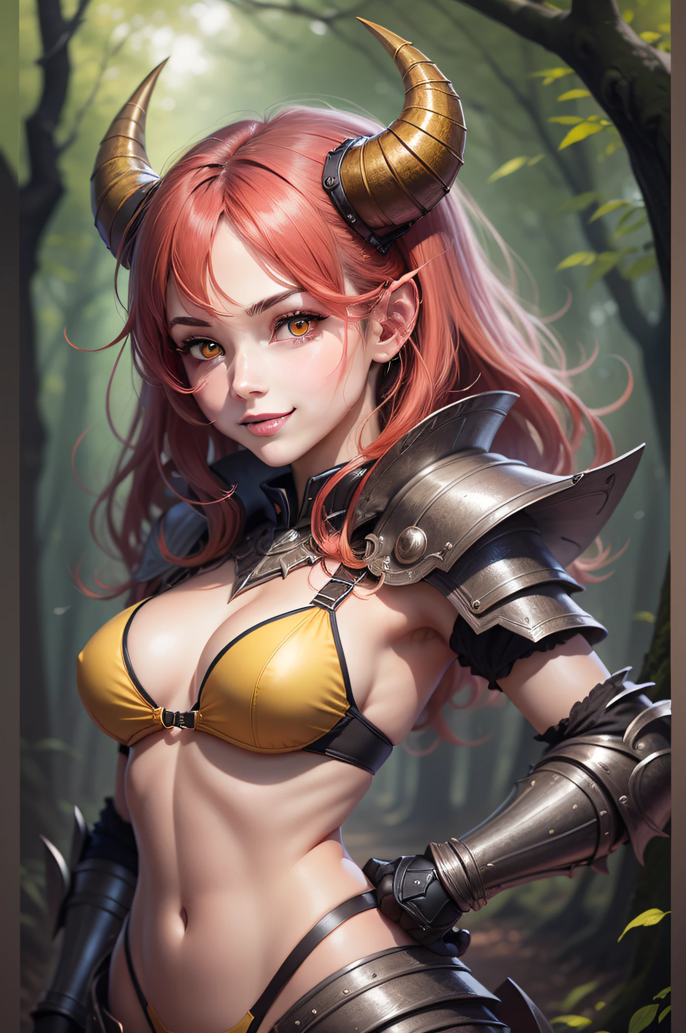 a digital painting of 1 girl, with, black horns, standing, confident arms on hips, smile, perfect face, (((red air))), (yellow eyes), armored bikini, arms at sides, (from behind), simple forest, background