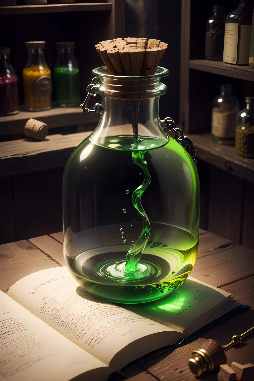 a green liquid in a glass bottle with a cork stopper, potion of healing, potion, magical potions, making a potion, magical potions, health potion, magic spell icon, garrafa de veneno hiper realista, painting of one health potion, potions, shiny potions, Beautiful green liquid, Magic Experiment, magic item, alchemist lab, casting a spell on a potion